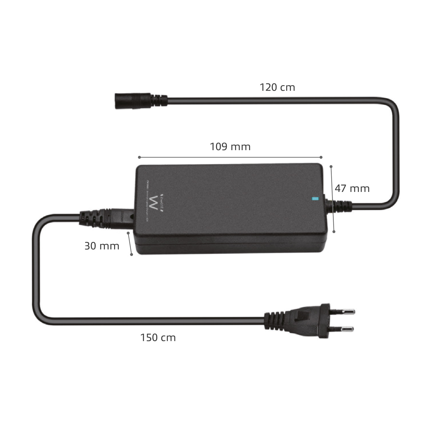 Cargador negro con medidas de los lados y longitudes de los cables. Fondo blanco.