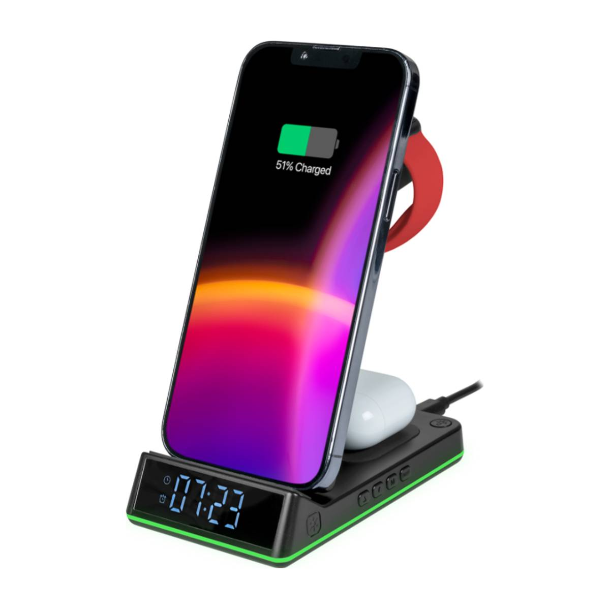 Czarny stojak do ładowania telefonu z telefonem wyświetlającym procent naładowania. Widoczny zegar. Zielone światła.