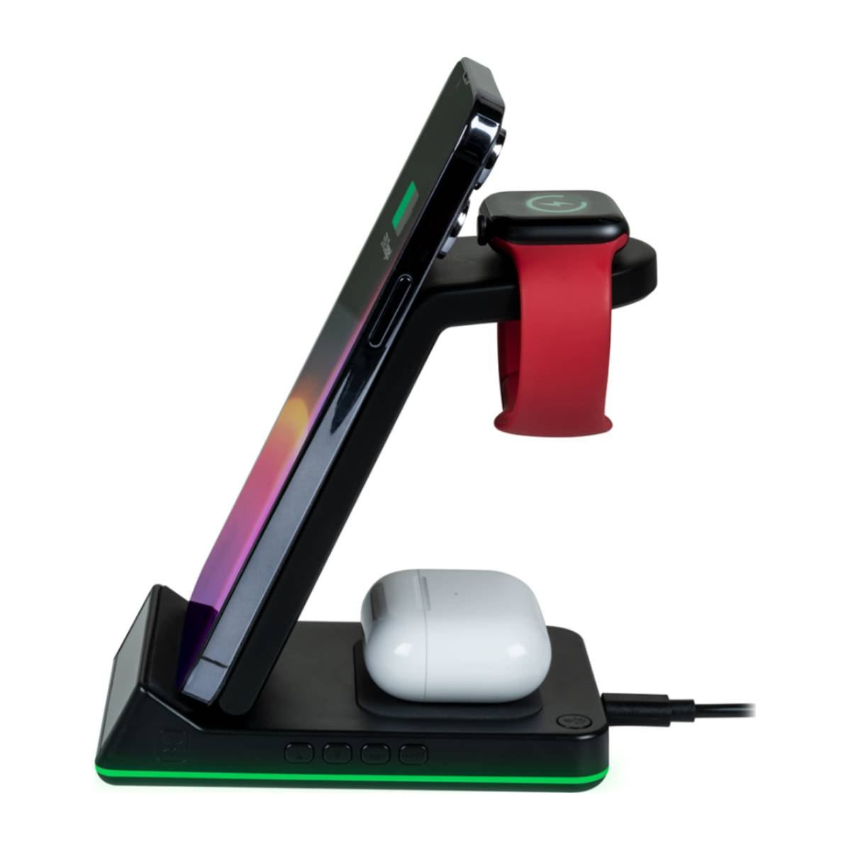 Czarna ładowarka z telefonem, zegarkiem i AirPods. Czerwony pasek zegarka. Białe tło.