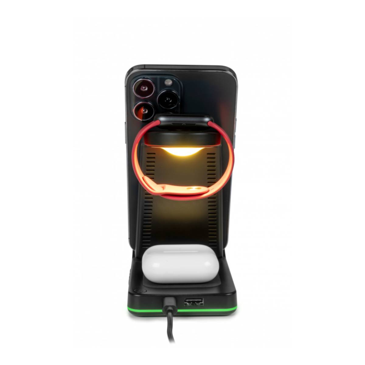 Czarny stojak do ładowania telefonu z telefonem, AirPods i Apple Watch. Ma zielone światła.