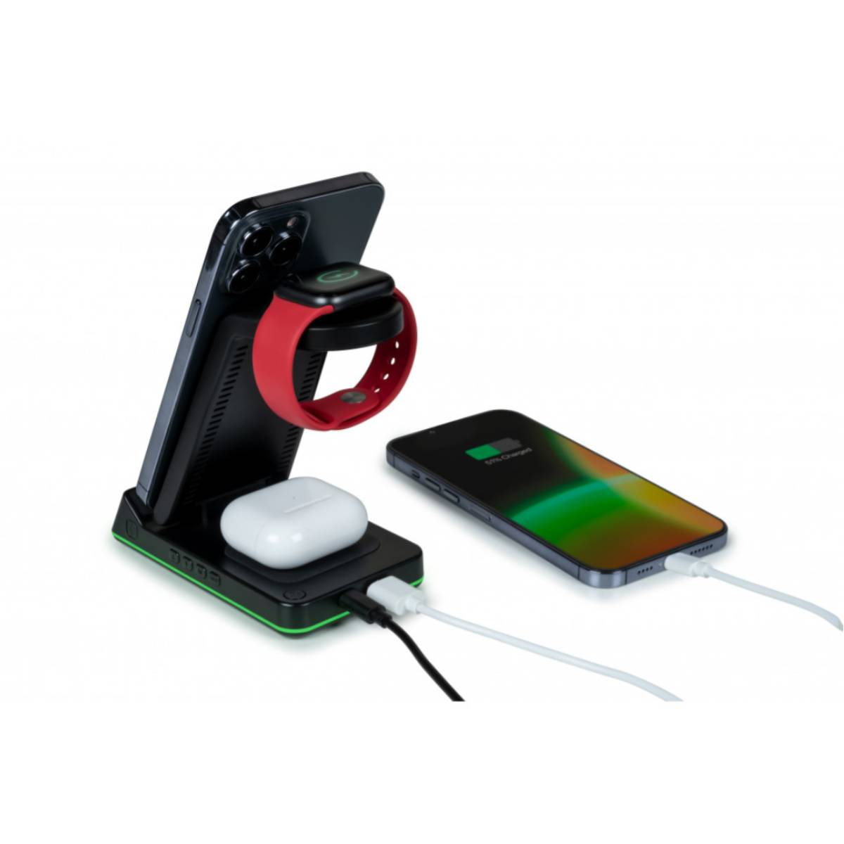 Czarna ładowarka z telefonem, zegarkiem i AirPods. Drugi telefon się ładuje. Białe tło.