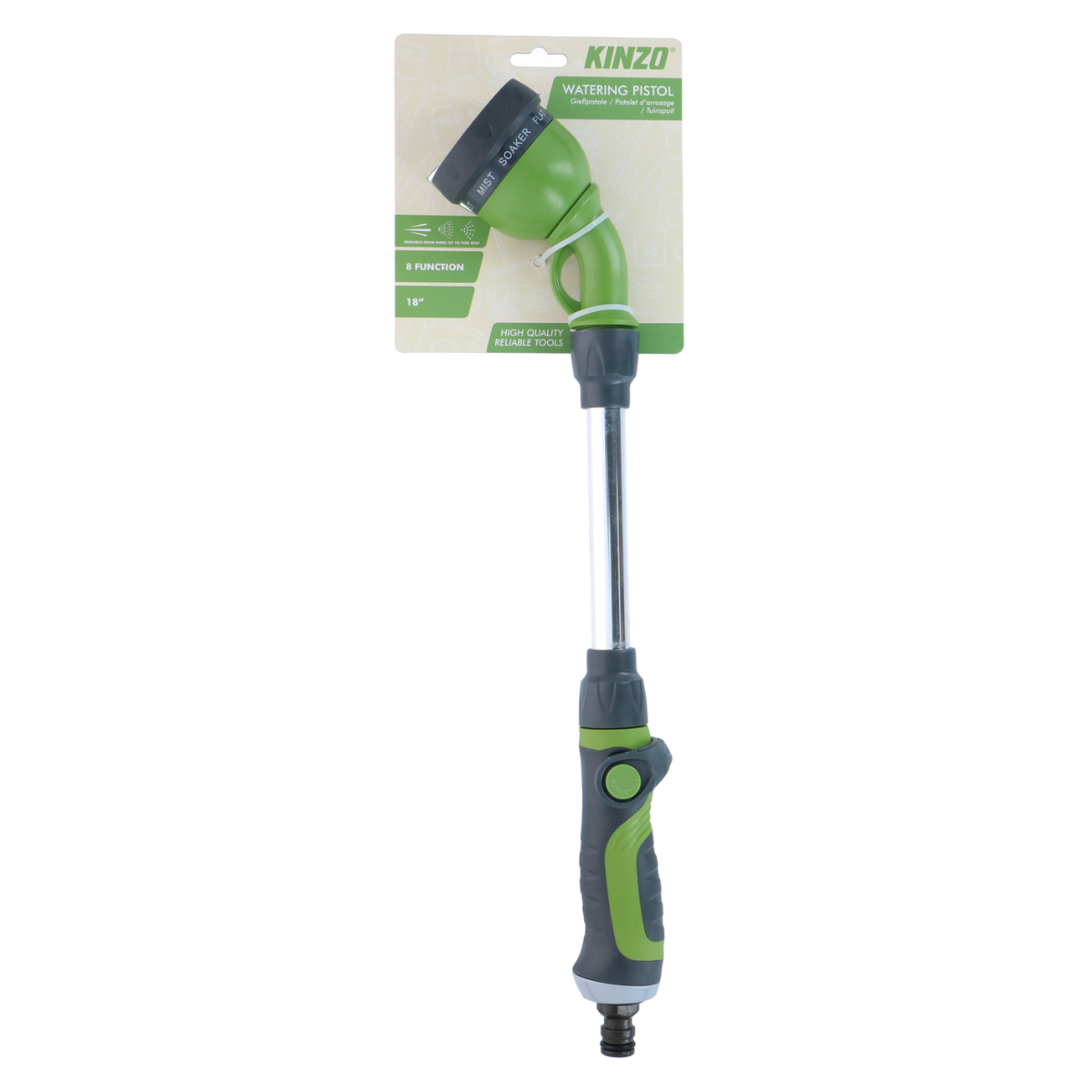 Groen en zwart spuitpistool met een 18" verlenging, gemonteerd op een kaart.