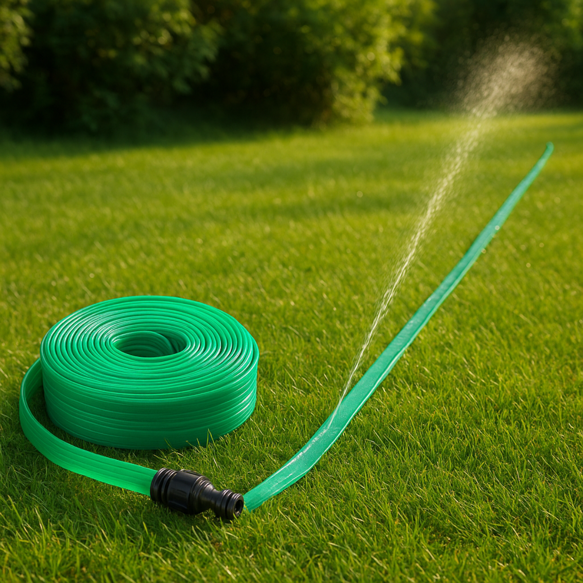 Een groene tuinslang opgerold op een groen gazon, water spuit uit het uiteinde.
