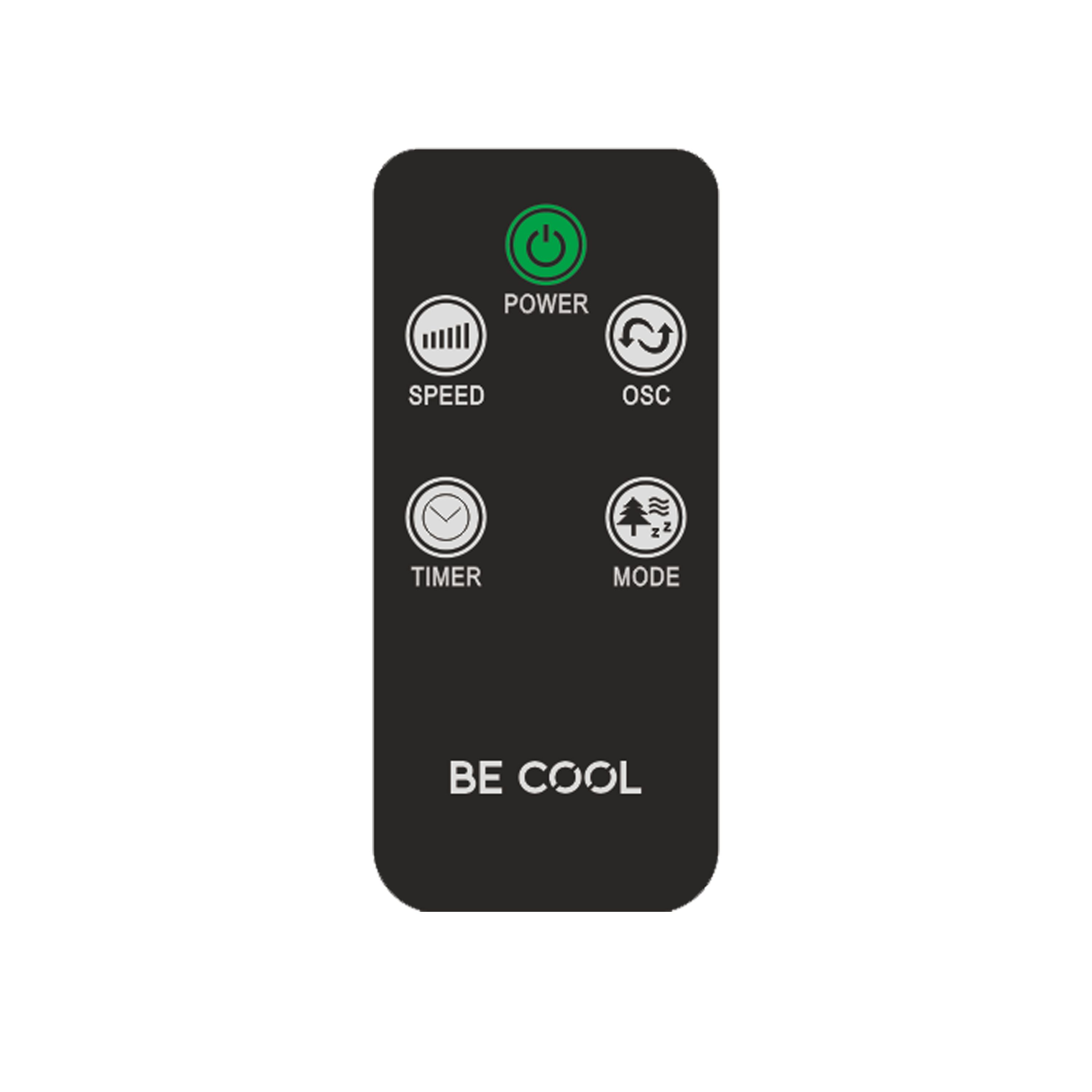 Schwarze Fernbedienung mit Tasten: Leistung, Geschwindigkeit, Osz, Timer und Modus. "BE COOL" unten.