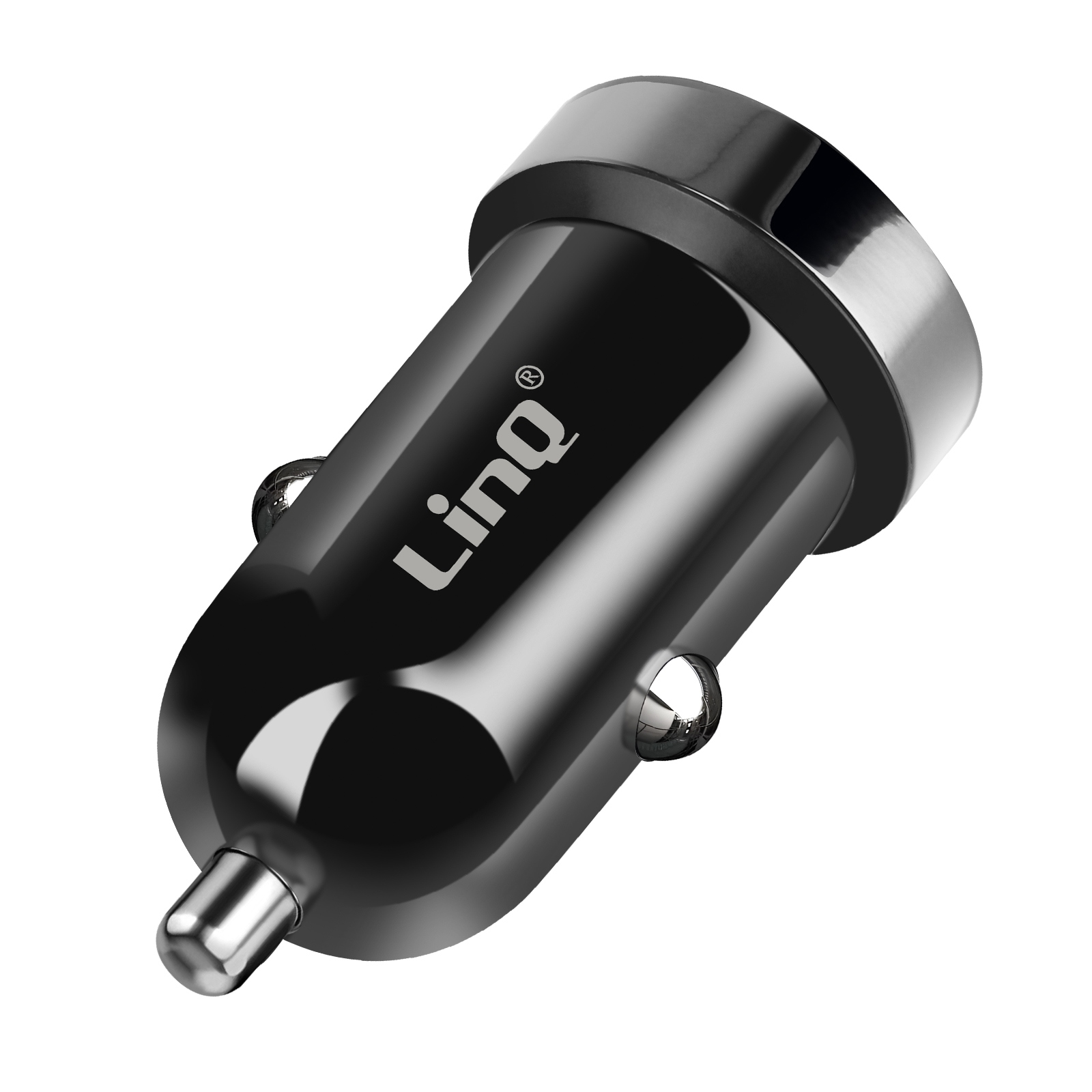 Cargador de coche negro con el logo 'Linq', fondo blanco.
