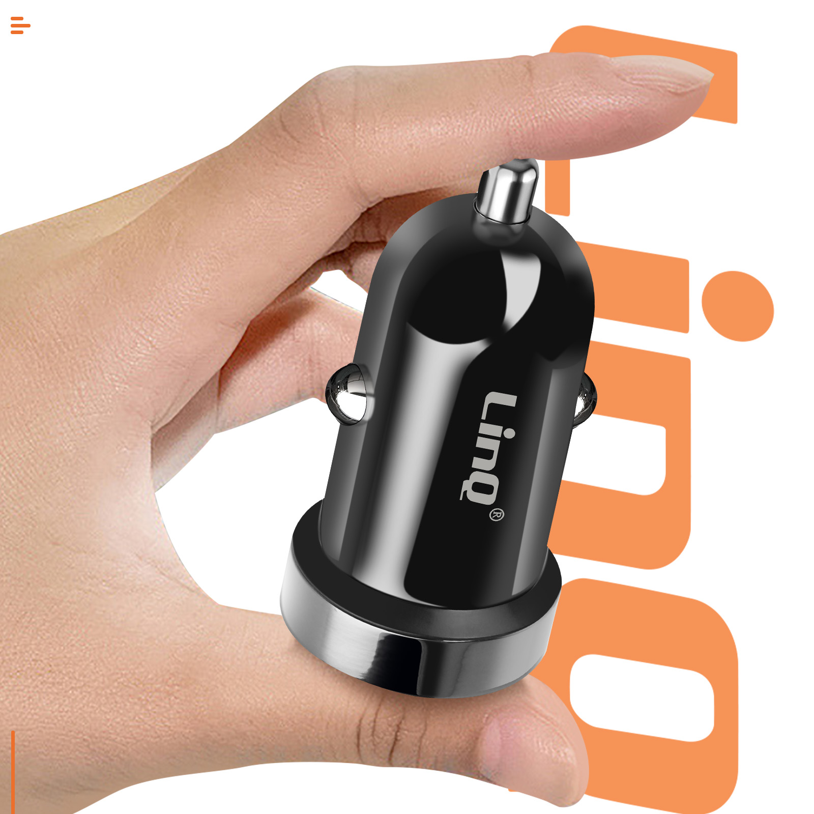 Mano sosteniendo un cargador de coche negro con el logotipo de Linq. Fondo naranja.