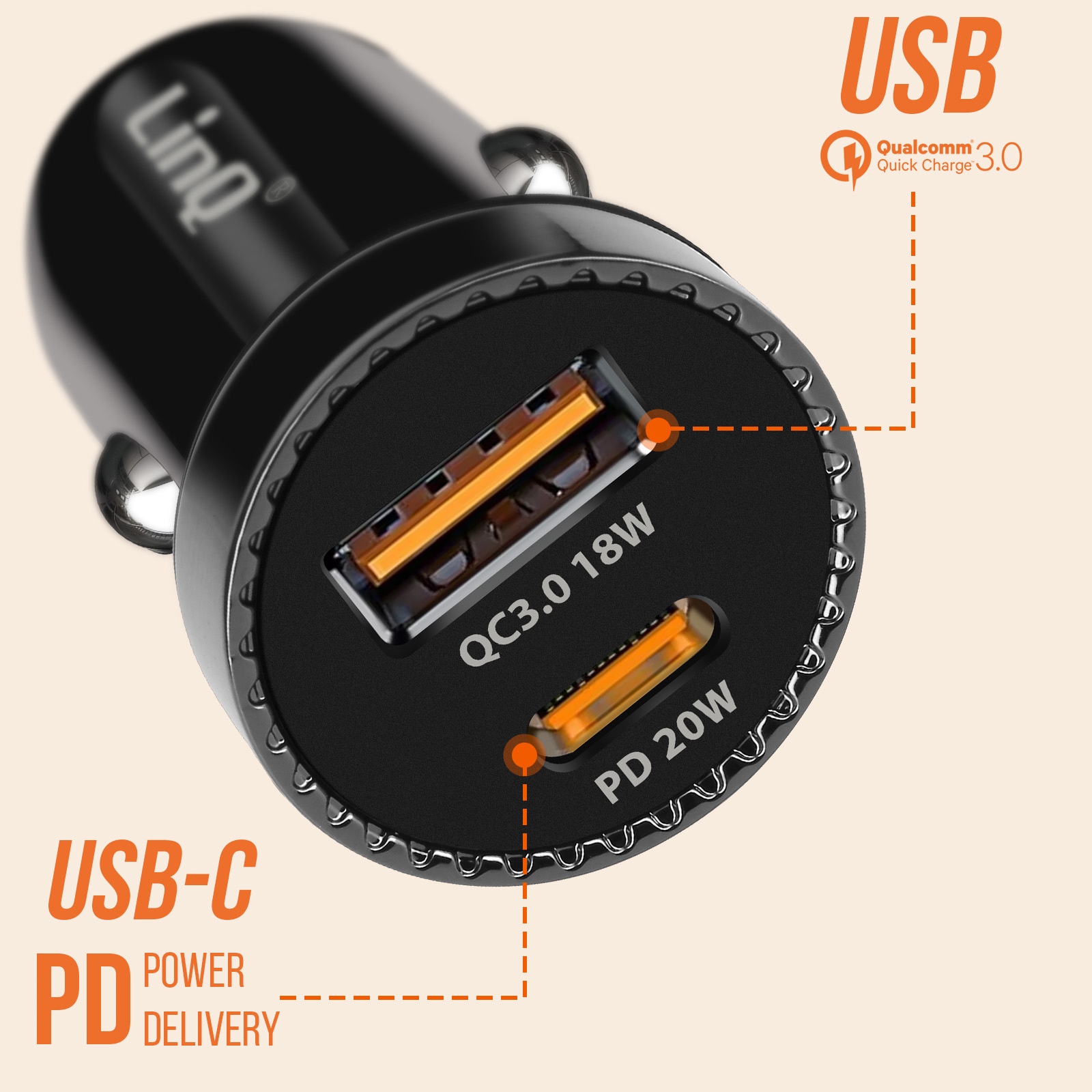Cargador de coche negro con dos puertos USB. USB-C y QC3.0 están etiquetados. Puertos de carga naranjas.