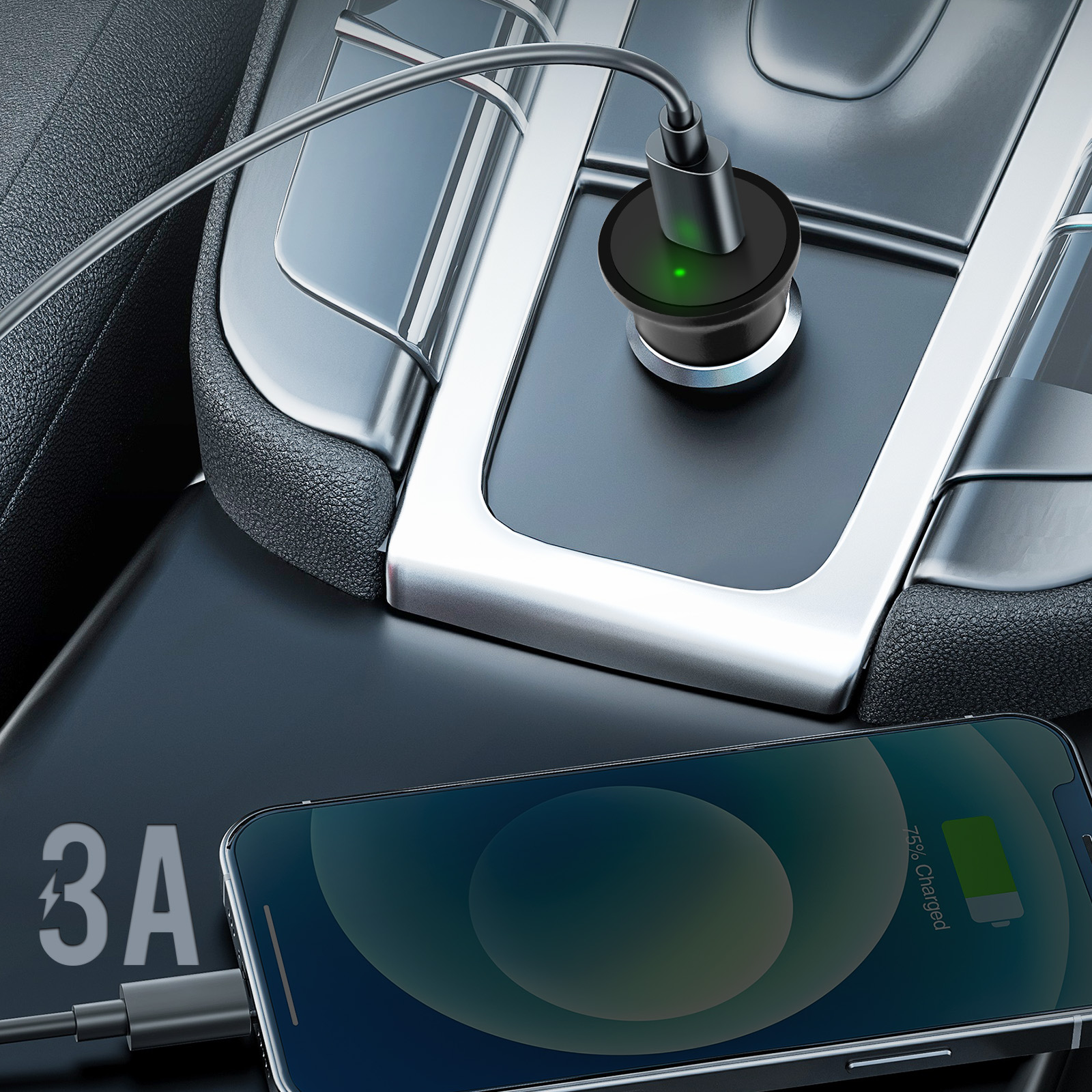 Caricabatterie per auto che carica un telefono in auto, telefono mostra 75% carica.