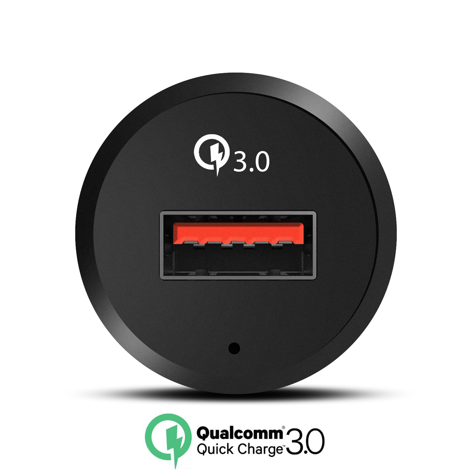 Caricatore per auto nero con porta USB rossa. Logo Qualcomm 3.0 visibile.