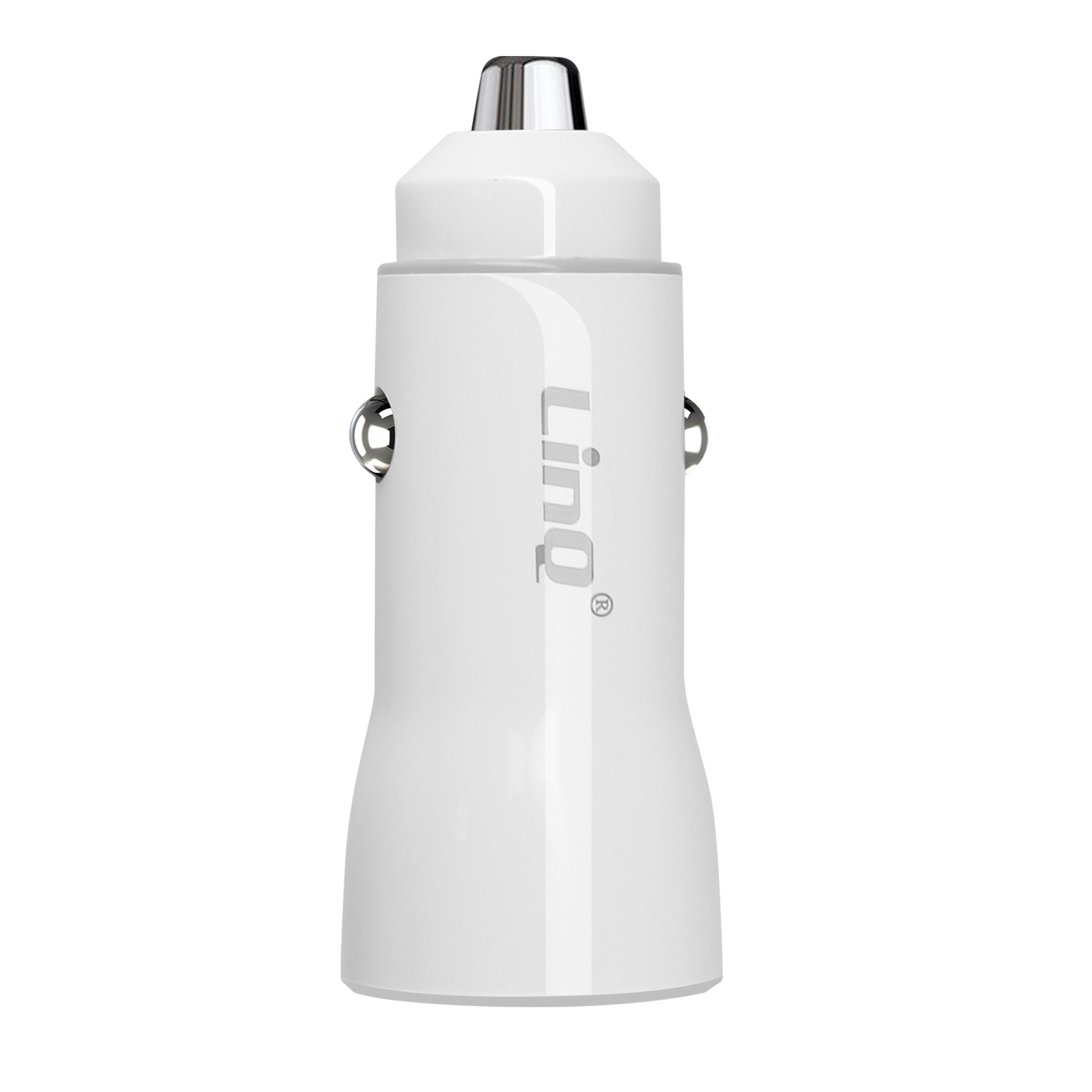 Caricabatterie per auto bianco con il logo Linq. Dettagli argentati, con un corpo bianco.