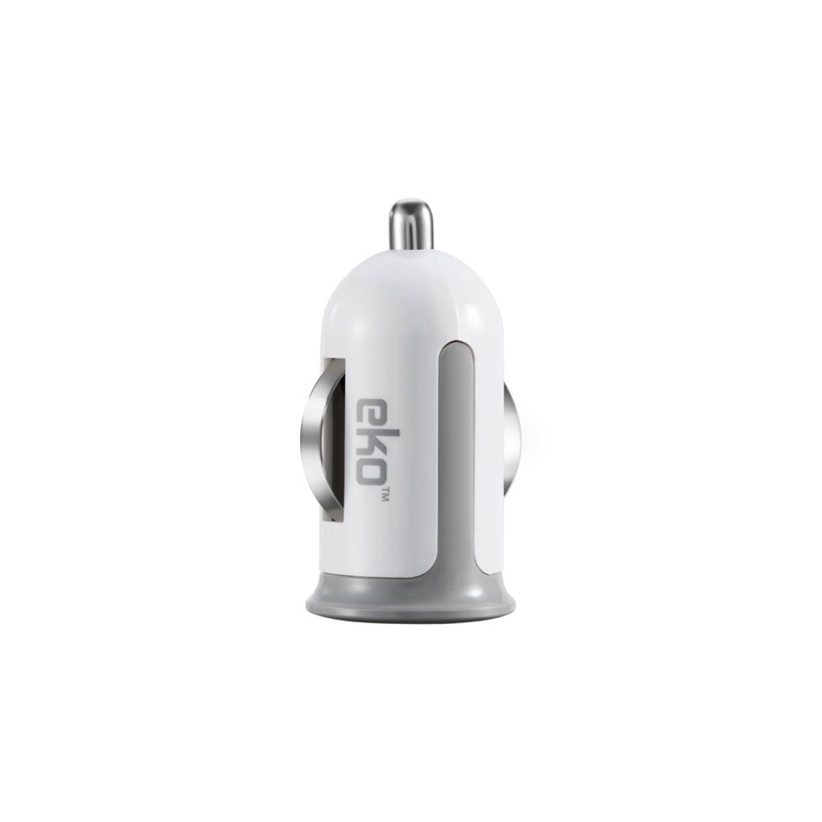 Caricabatterie per auto bianco e grigio con logo 'eko', sfondo bianco.