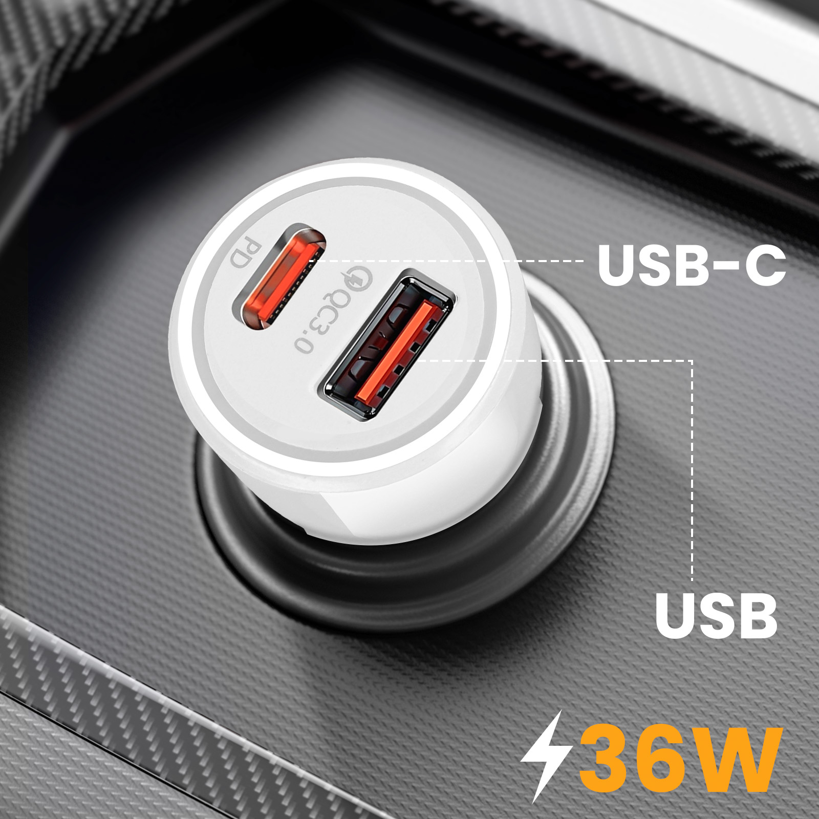 Caricatore per auto bianco con porte USB e USB-C. Con Qualcomm 3.0 e mostra 36W.
