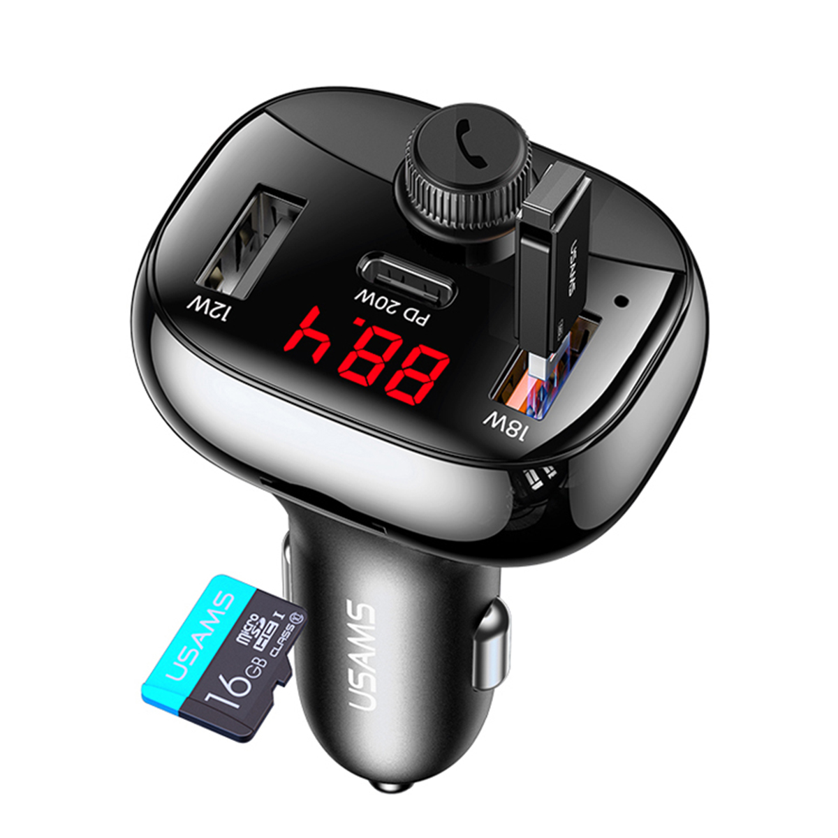 Schwarzes Autoladegerät mit Bildschirm, SD-Karte und USB-Anschluss, weißer Hintergrund.