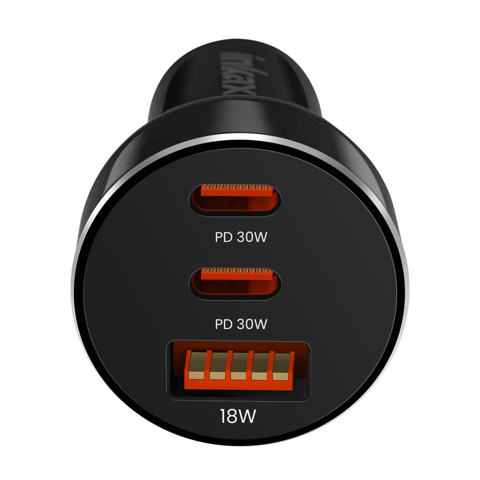 Caricabatteria per auto nero con tre porte, etichettate PD 30W, PD 30W e 18W. Interni arancioni.