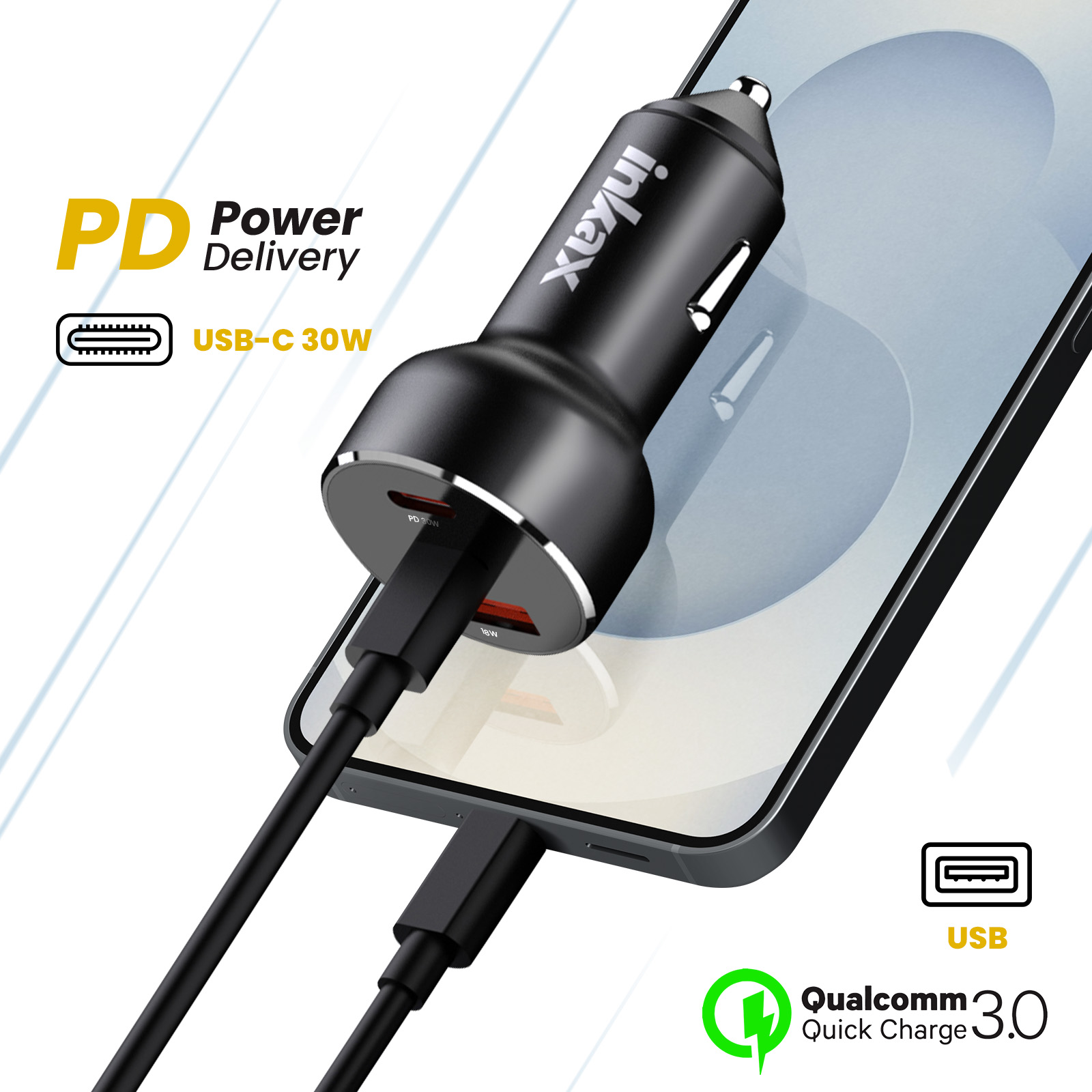 Caricatore per auto nero con porte USB-C e USB, collegato a un telefono. Loghi PD e Qualcomm.