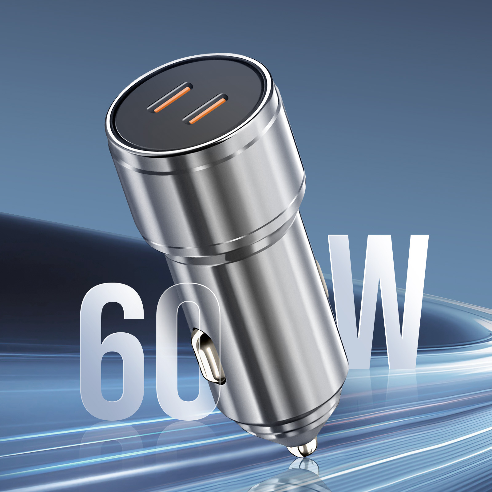 Caricatore per auto argento, che mostra 60W di potenza. Con doppie porte USB e marchio 'inkax'.