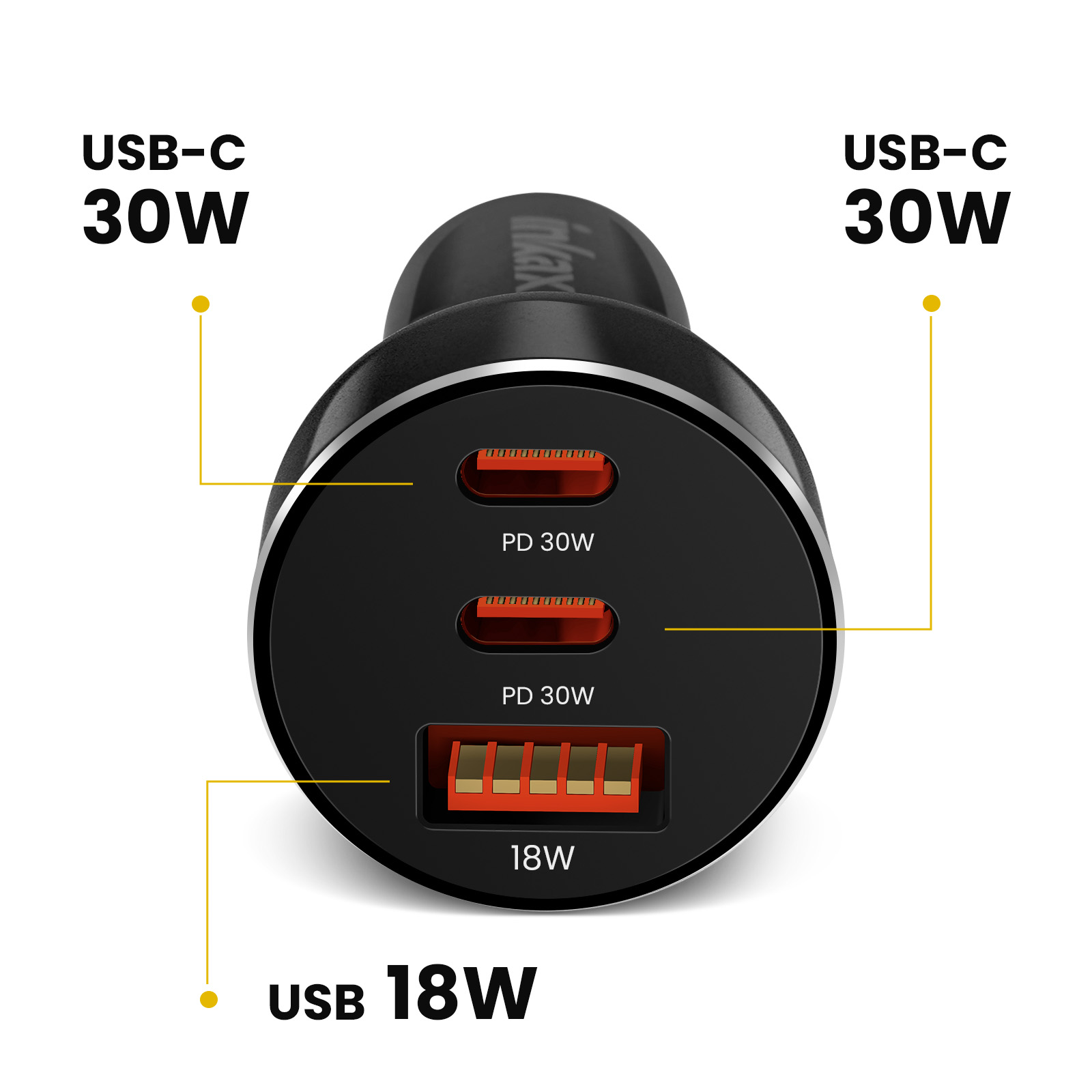 Caricabatteria per auto nero con tre porte. Le porte sono etichettate: PD 30W, PD 30W e 18W. Testo giallo.