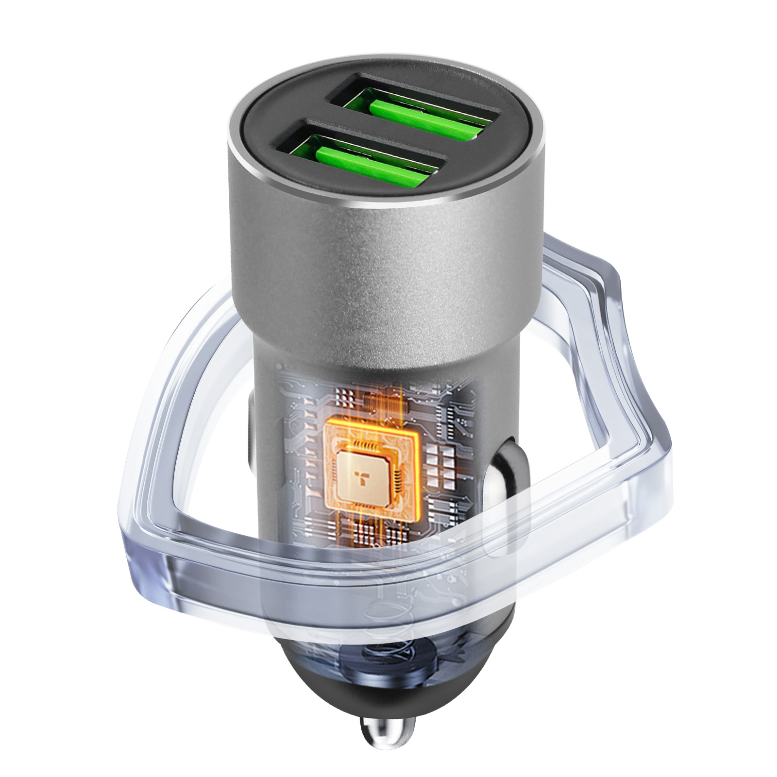 Caricabatterie per auto argentato con due porte USB verdi, custodia trasparente e chip dorato.