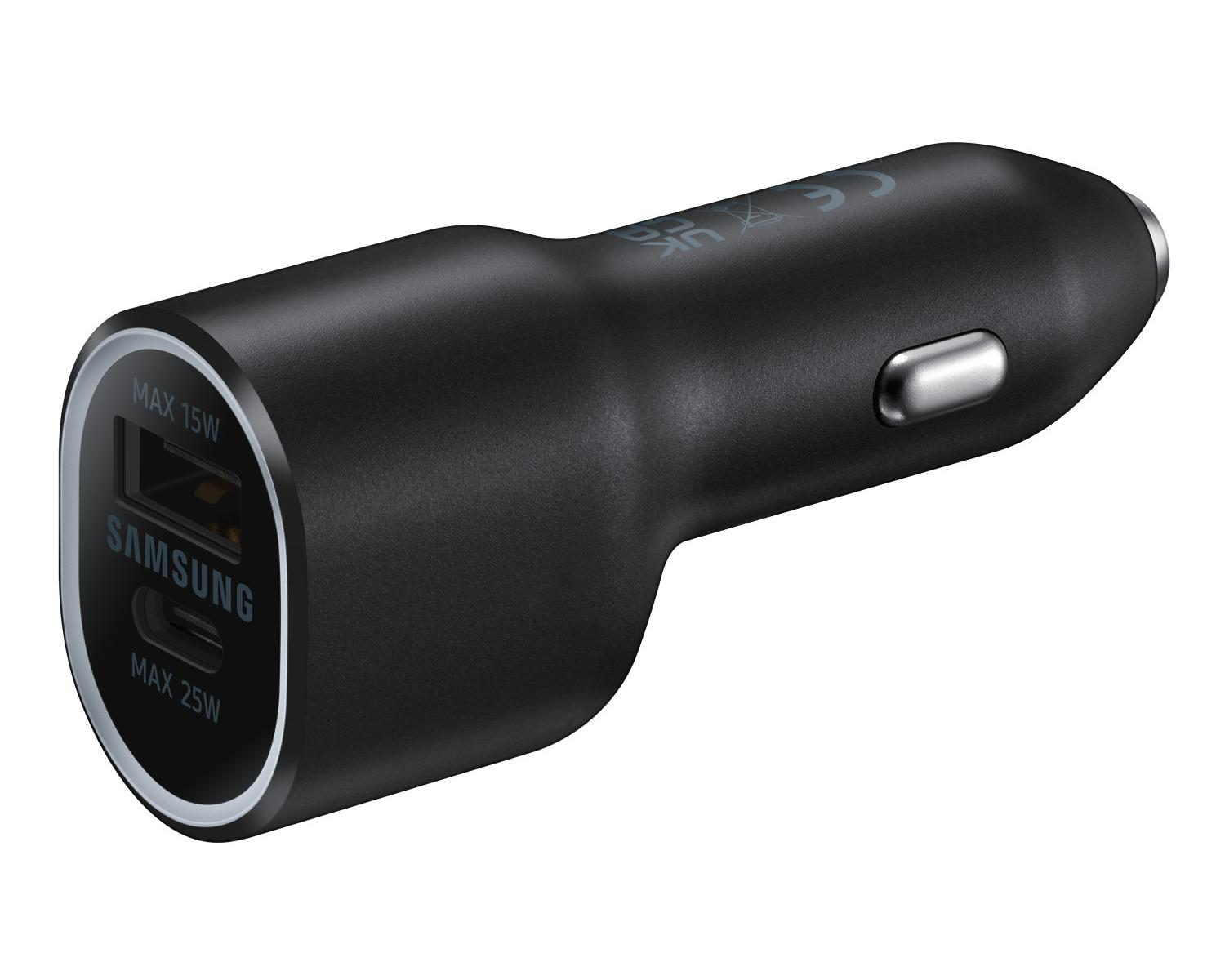 Caricabatterie per auto Samsung nero con porte USB e USB-C, etichettato 'MAX 15W' e 'MAX 25W'.