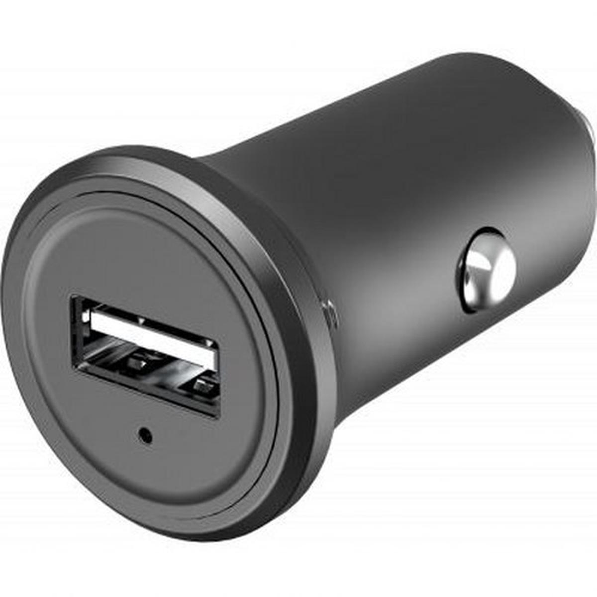 Cargador de coche negro con un solo puerto USB. Acentos grises y botón plateado.