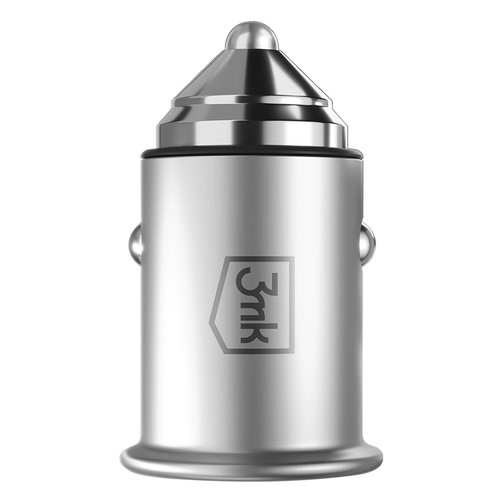 Srebrna ładowarka samochodowa z stożkowym wierzchołkiem. Widoczna marka '3nk'.