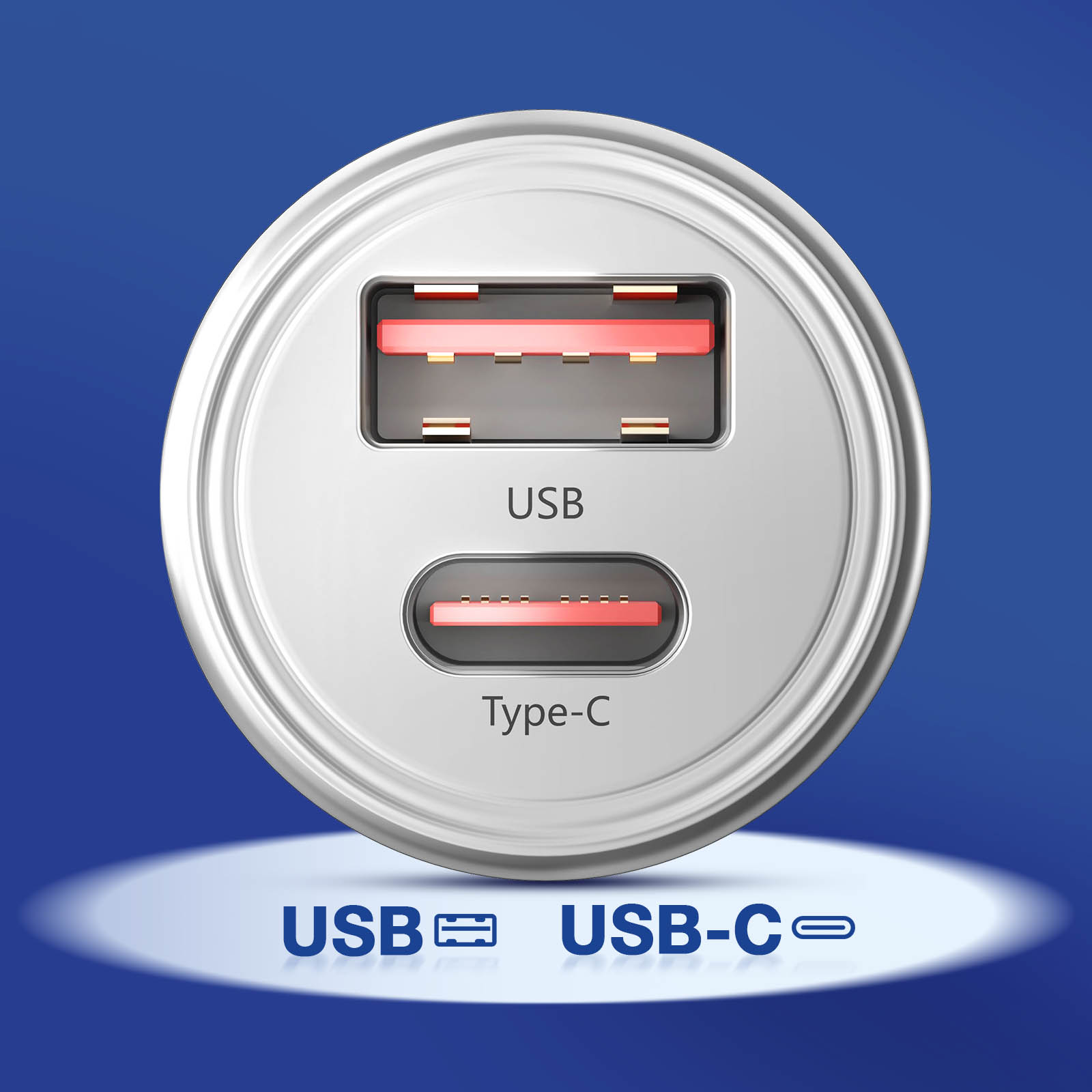 Srebrna ładowarka z portami USB i Type-C. Etykiety USB i USB-C znajdują się pod portami.