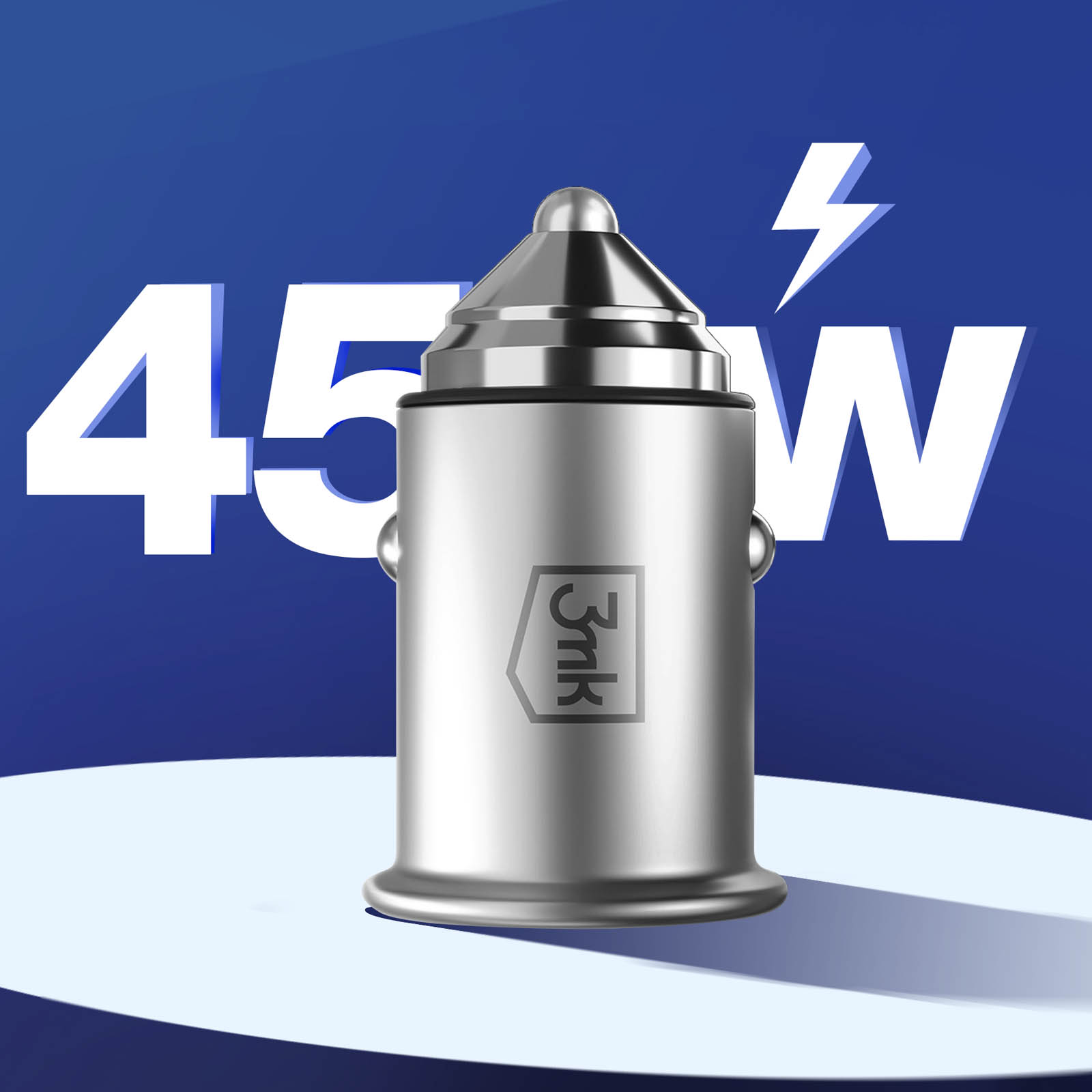 Srebrna ładowarka samochodowa ze spiczastym wierzchołkiem, logo 3nk oraz grafiką '45W' i błyskawicy.