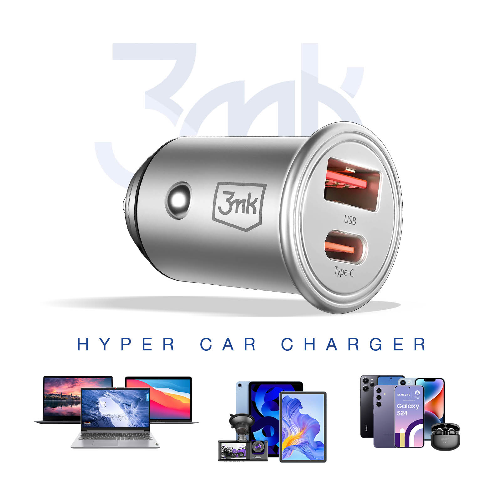 Srebrna ładowarka samochodowa z dwoma portami USB i napisem 'HYPER CAR CHARGER', z urządzeniami elektronicznymi.