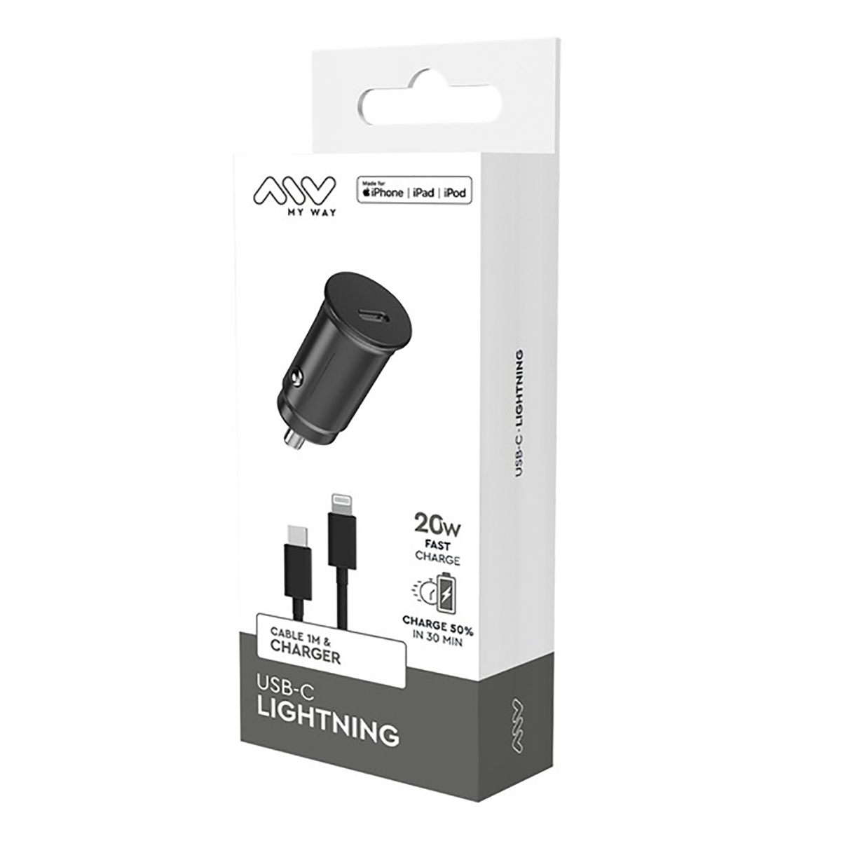 Scatola con un caricabatterie per auto nero e un cavo da USB-C a Lightning. Marchio 'MY WAY'.