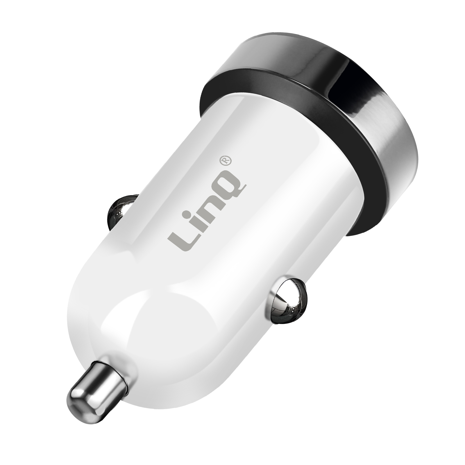 Cargador de coche blanco y plateado con la marca 'LinQ'.