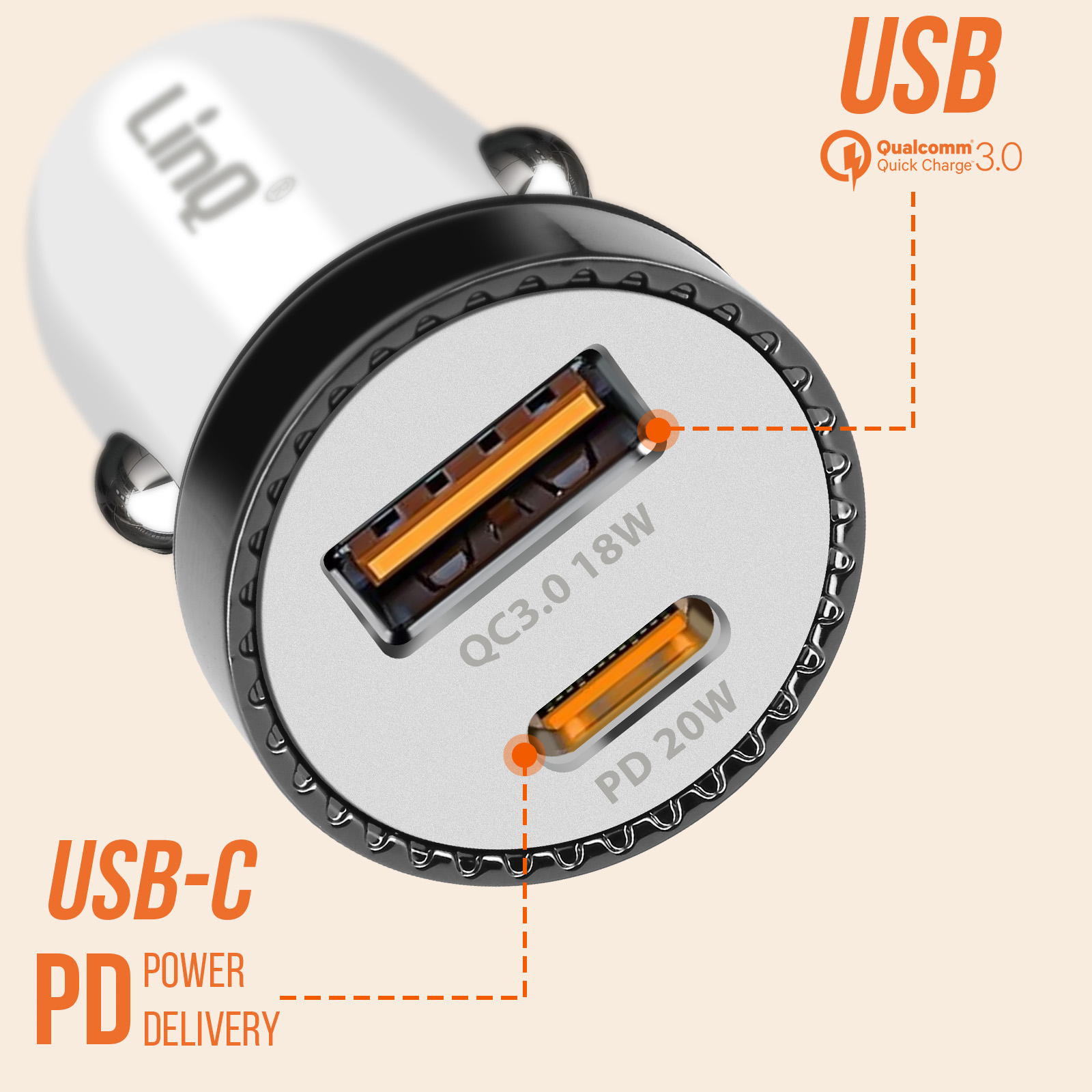 Un cargador de coche blanco con puertos USB y USB-C. El cargador tiene un diseño plateado y negro.
