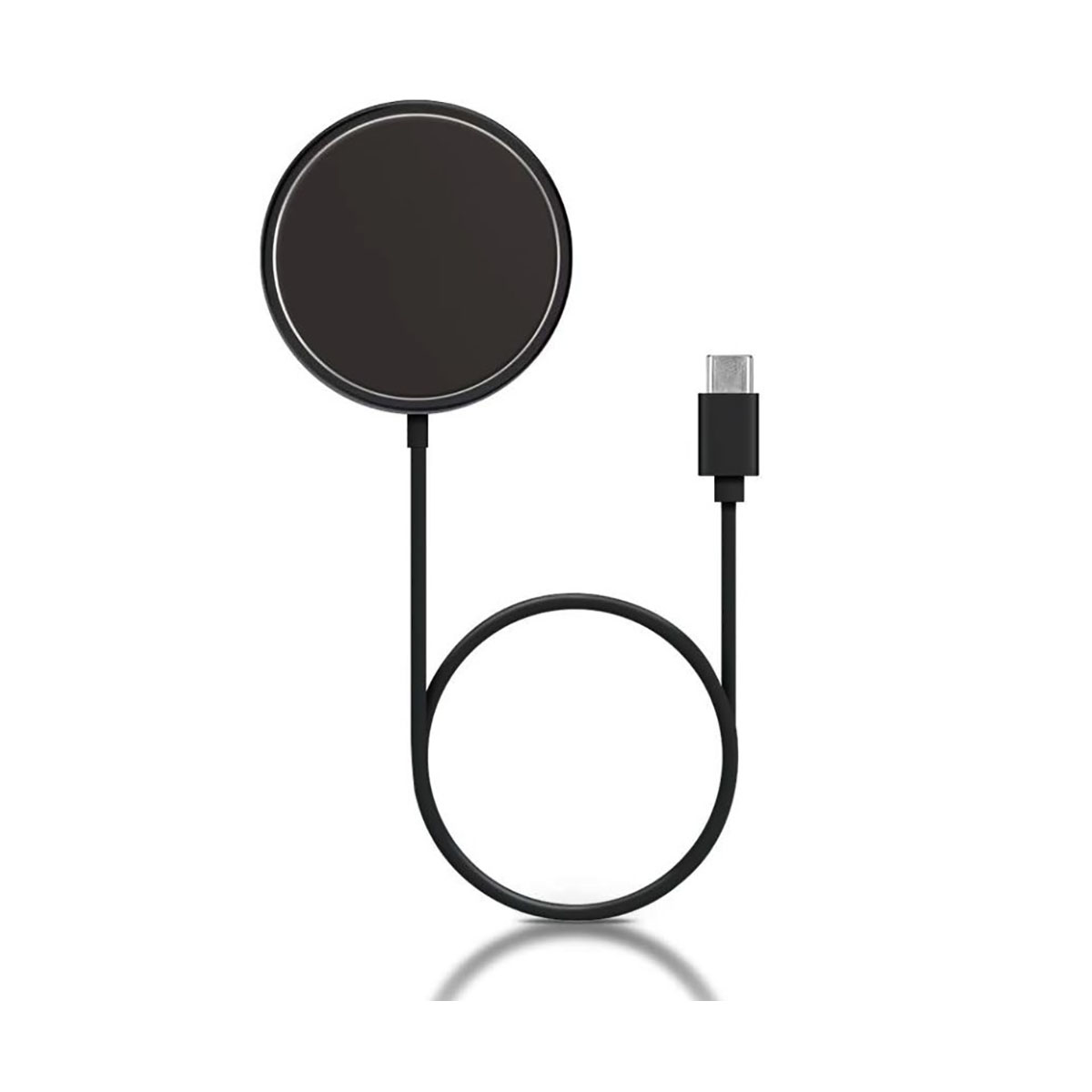 Caricabatterie circolare nero con bordo argentato e cavo nero, con connettore USB-C.