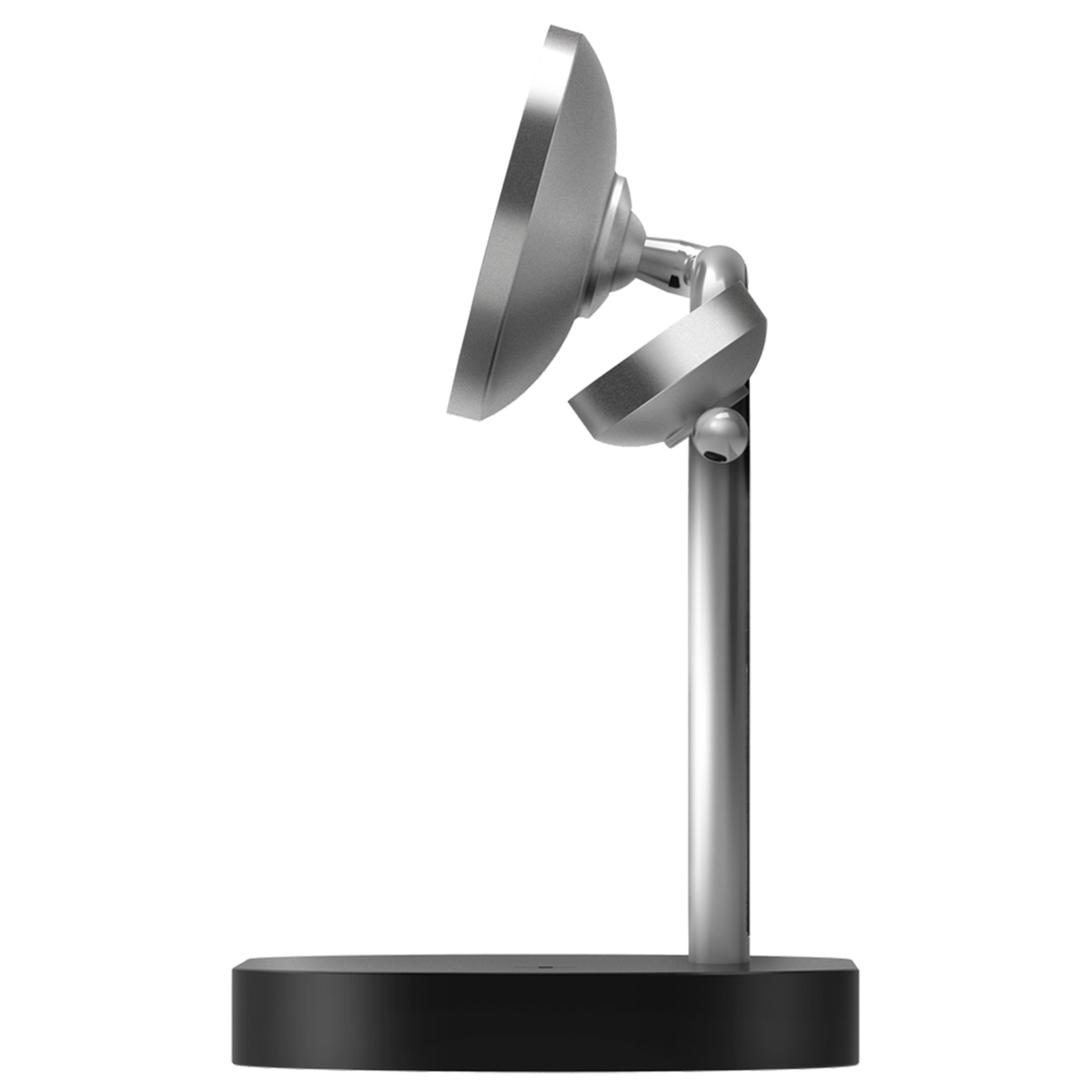 Srebrny stojak na telefon. Stojak stoi na czarnej podstawie. Stojak jest pochylony.