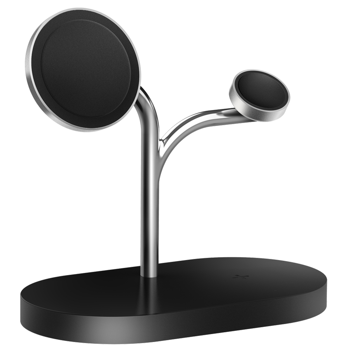 Czarny stojak ładujący z dwoma podkładkami. Srebrna nóżka i podstawa. Białe tło.