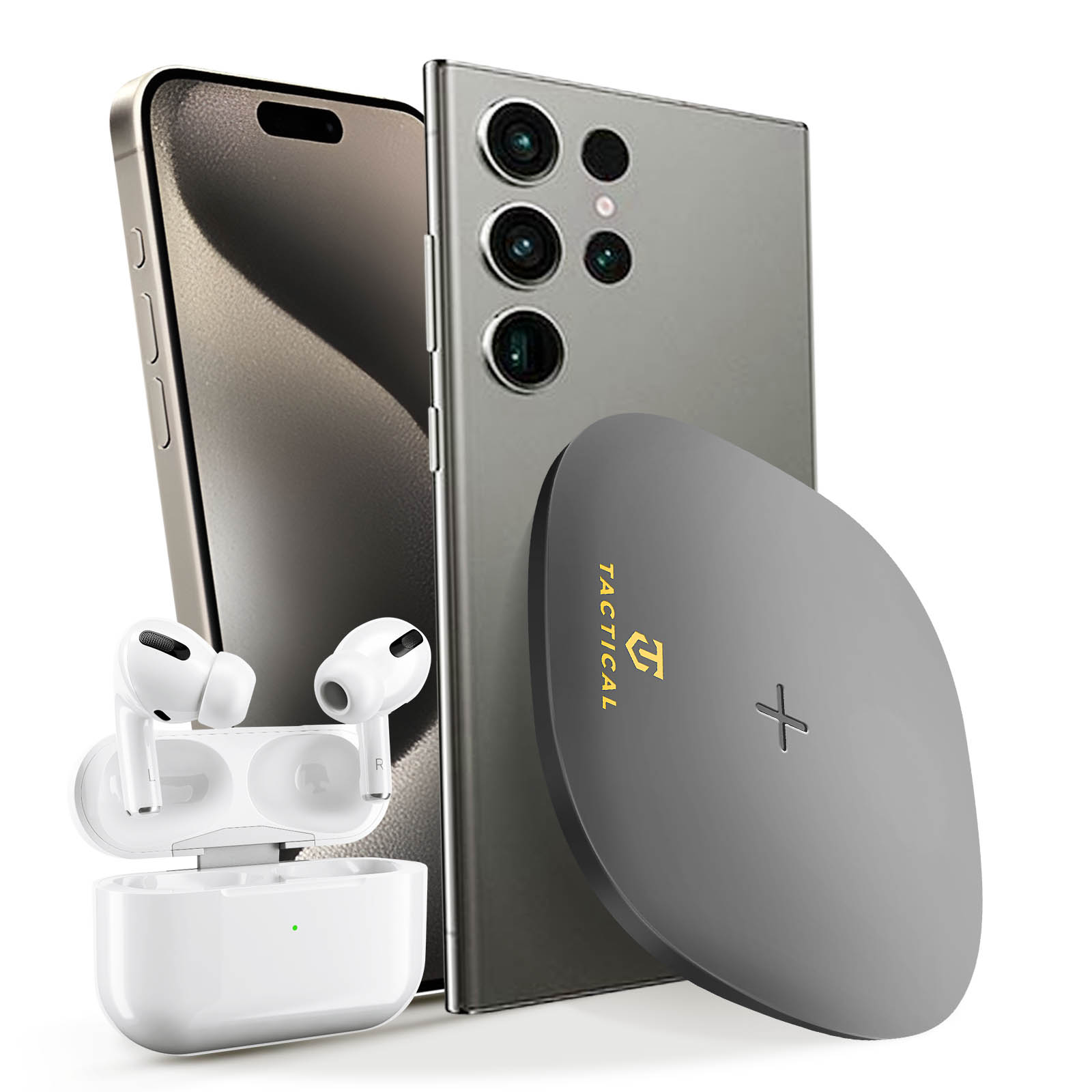 Teléfono, auriculares y cargador inalámbrico. Teléfono y cargador tienen el logo Tactical. Fondo blanco.