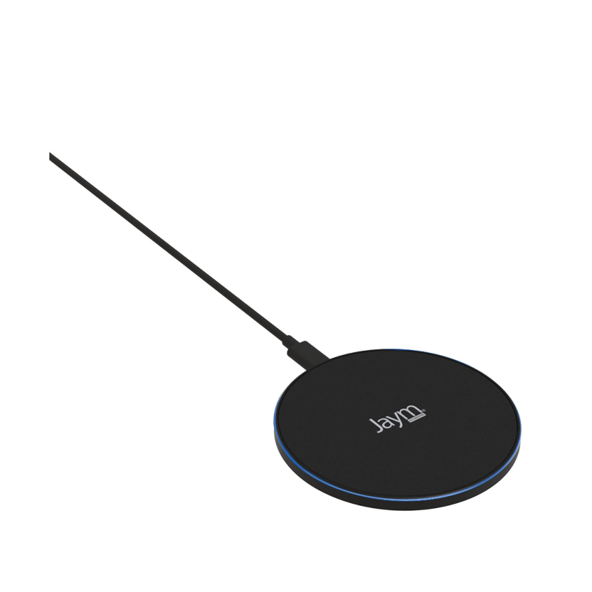 Schwarzes kabelloses Ladegerät mit blauem Rand und Jaym-Logo, Kabel befestigt. Weißer Hintergrund.