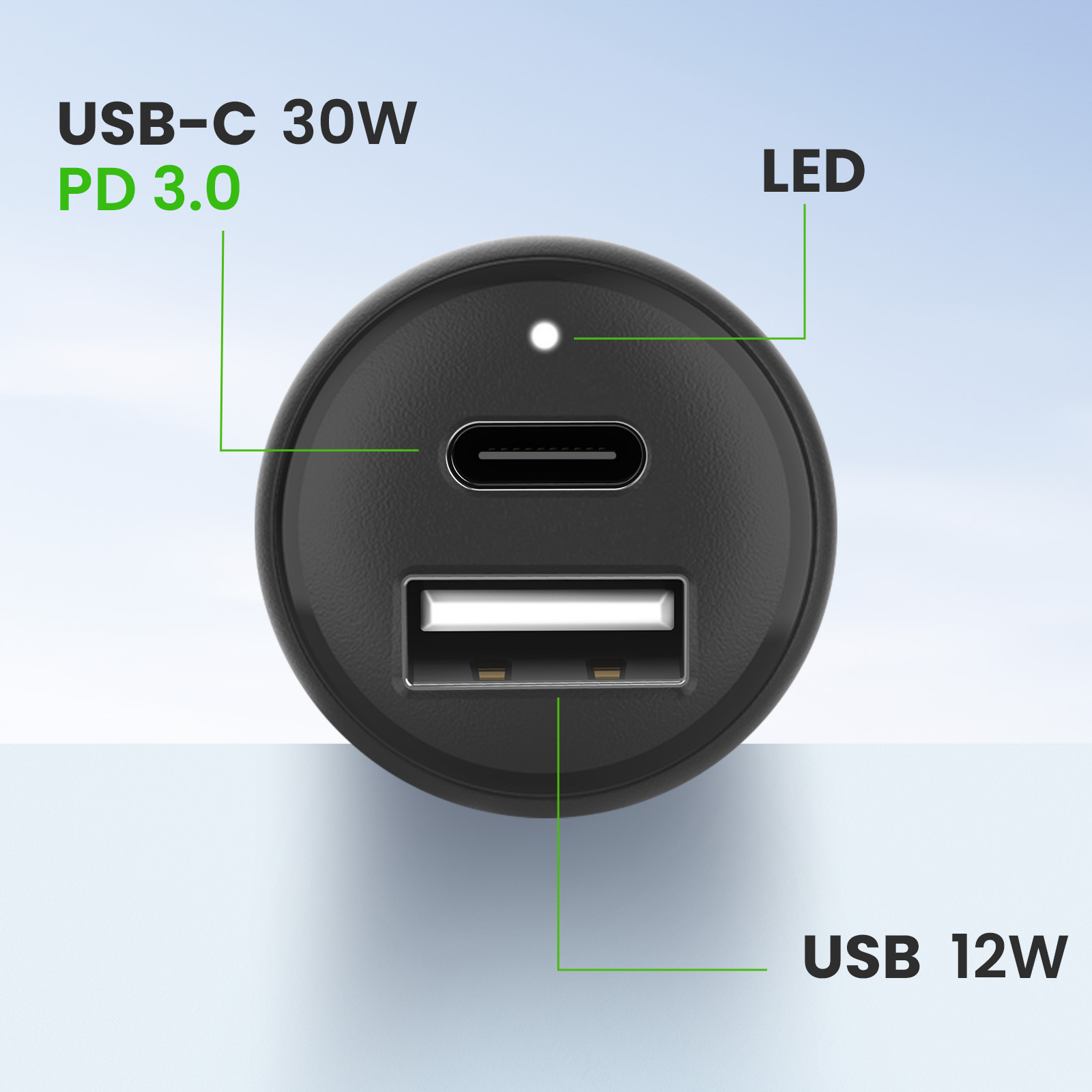 Caricatore per auto USB-C 30W nero con USB 12W. Indicatore LED. Sfondo blu.