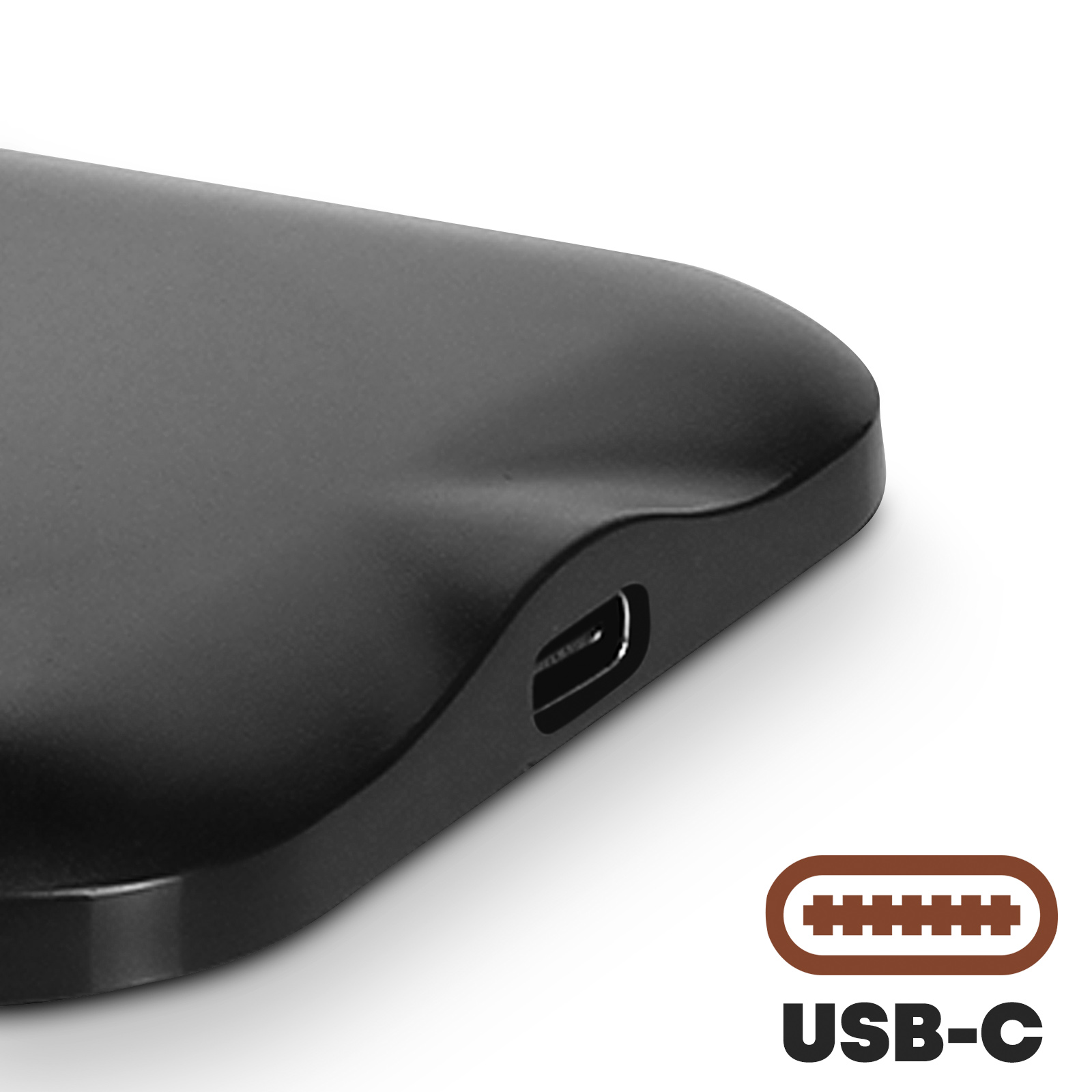 Nahaufnahme eines schwarzen Geräts mit USB-C-Anschluss und dem Text 'USB-C'.