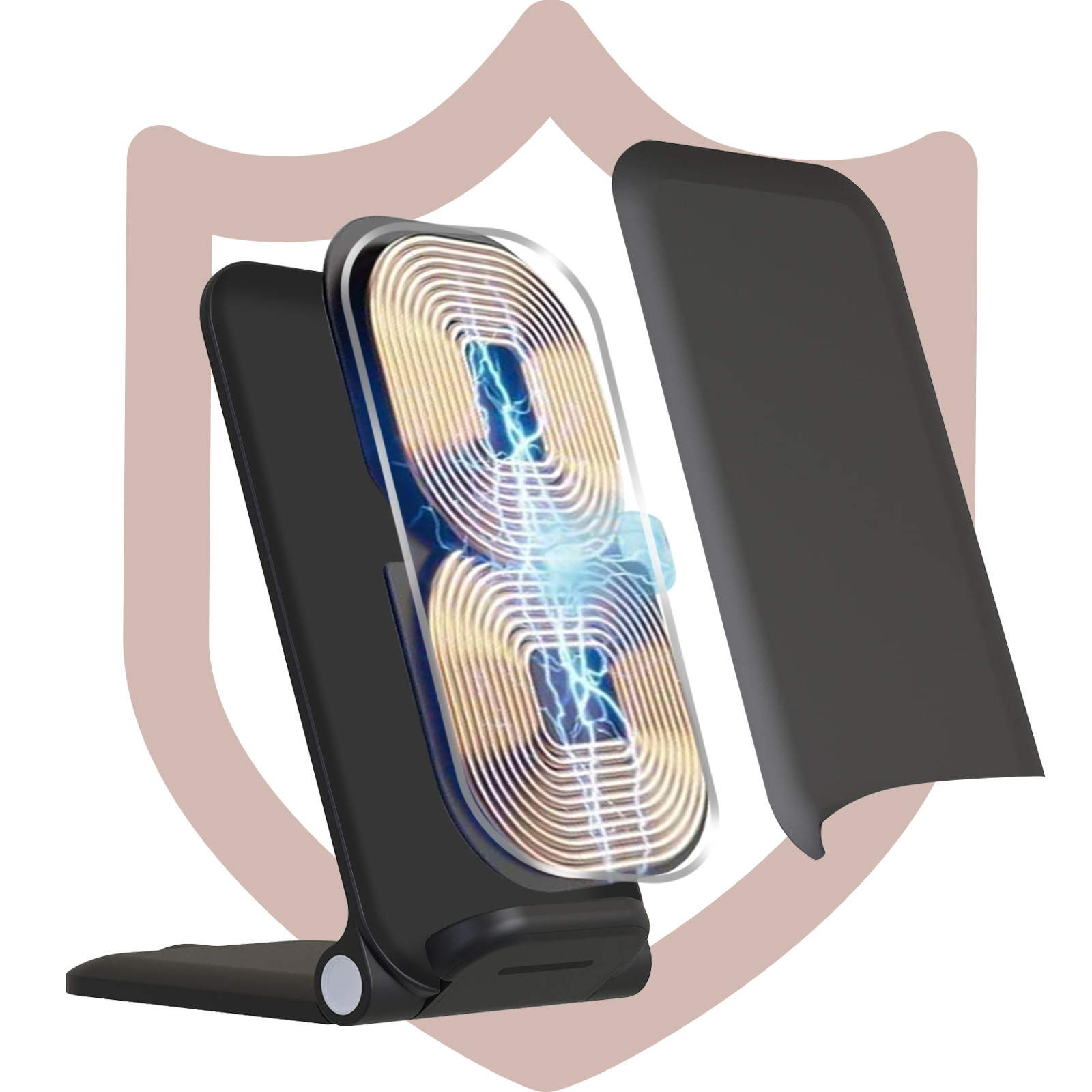 Kabelloses Ladegerät mit Telefonständer, mit Details der internen Spule. Eine Schildform ist im Hintergrund.