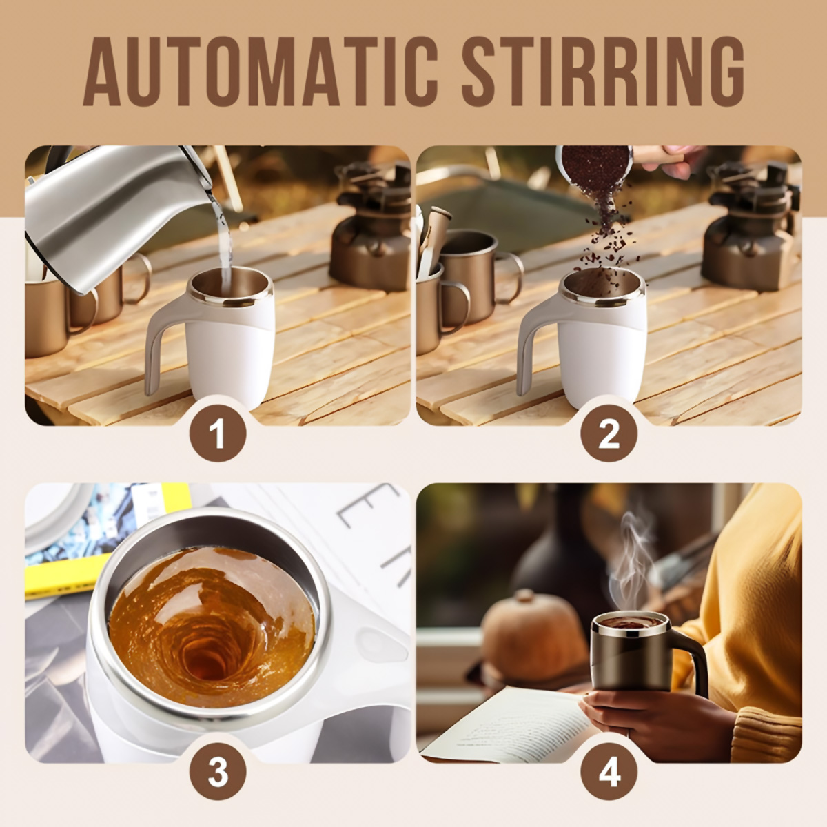Cuatro imágenes que muestran el proceso de uso de la taza auto-agitadora. Verter agua, agregar café y disfrutar la bebida.