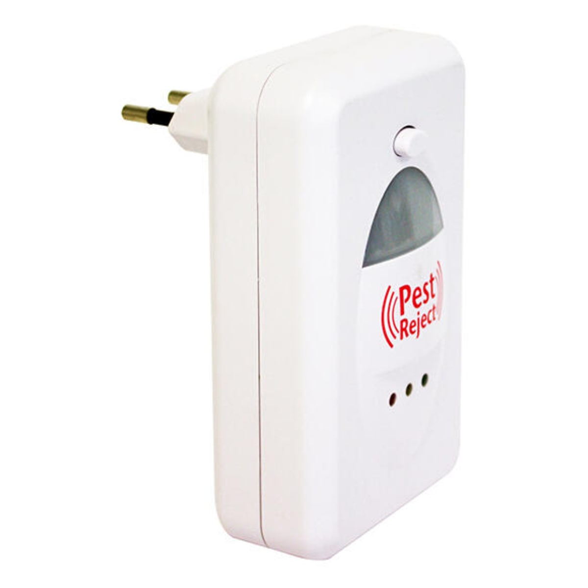 Dispositivo blanco de rechazo de plagas con enchufe. Tiene un logotipo rojo de Pest Reject y tres luces indicadoras.