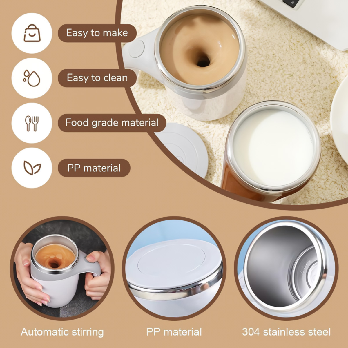 Una taza blanca auto-agitadora con asa. Se enumeran las características: fácil de hacer y limpiar, material PP.