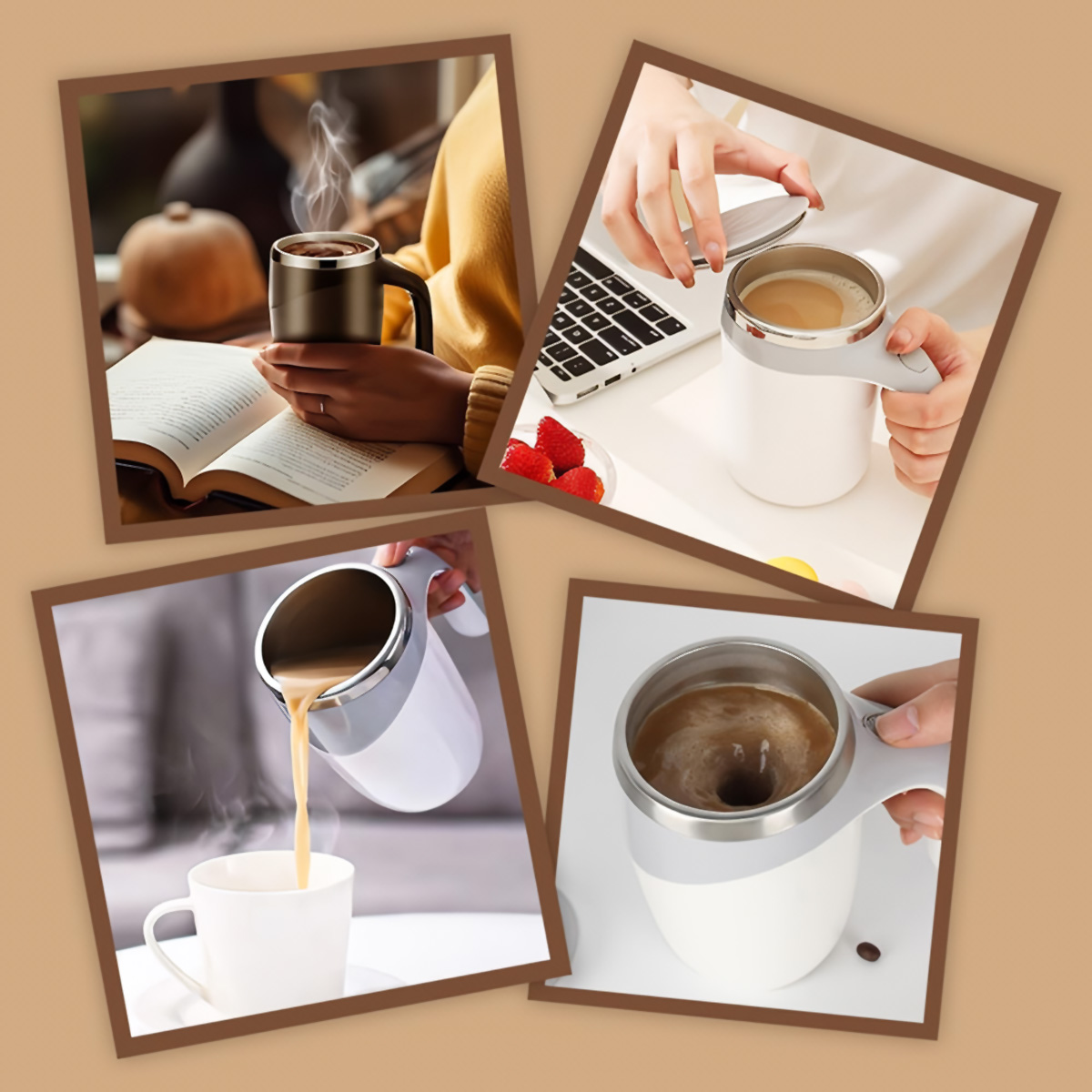 Cuatro imágenes que muestran cómo funciona la taza auto-agitadora. Personas usando la taza con café en diferentes entornos.