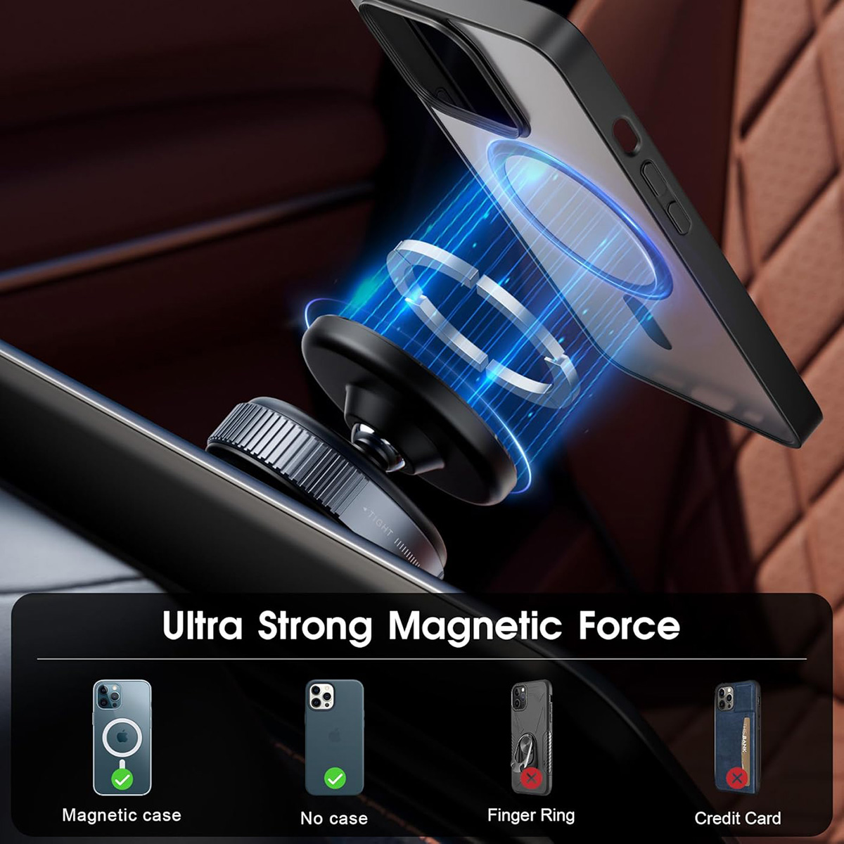 Un teléfono con funda está conectado a un soporte magnético, en el interior de un coche. Se muestran tipos de funda.