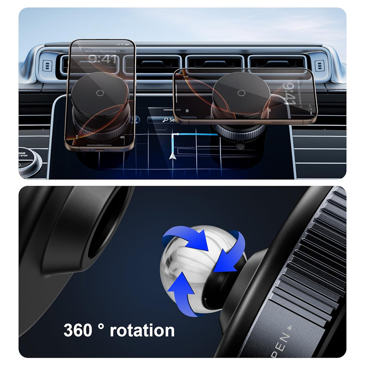 Dos teléfonos con soportes magnéticos montados en un coche. La imagen inferior muestra una rotación de 360 grados.