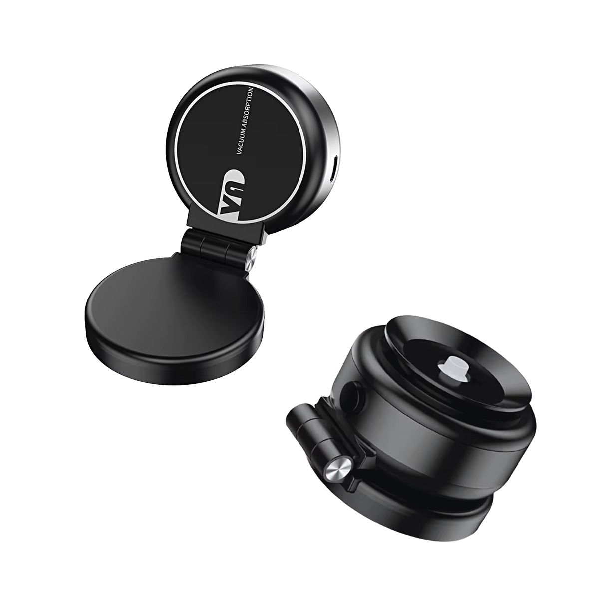 Soporte negro para teléfono de coche, plegado y desplegado, con fondo blanco.