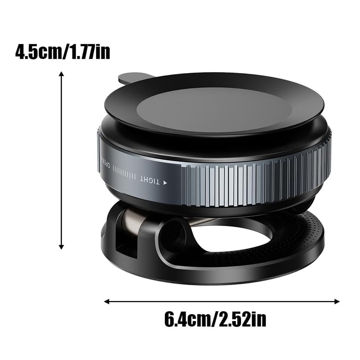 Soporte negro para teléfono de coche con dimensiones, sobre fondo blanco.