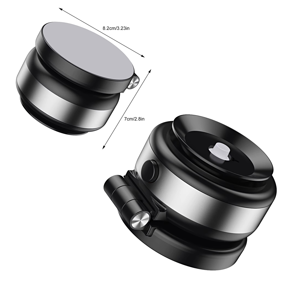 Dos soportes para teléfono. Uno tiene un teléfono adjunto. Son de color negro y plateado.