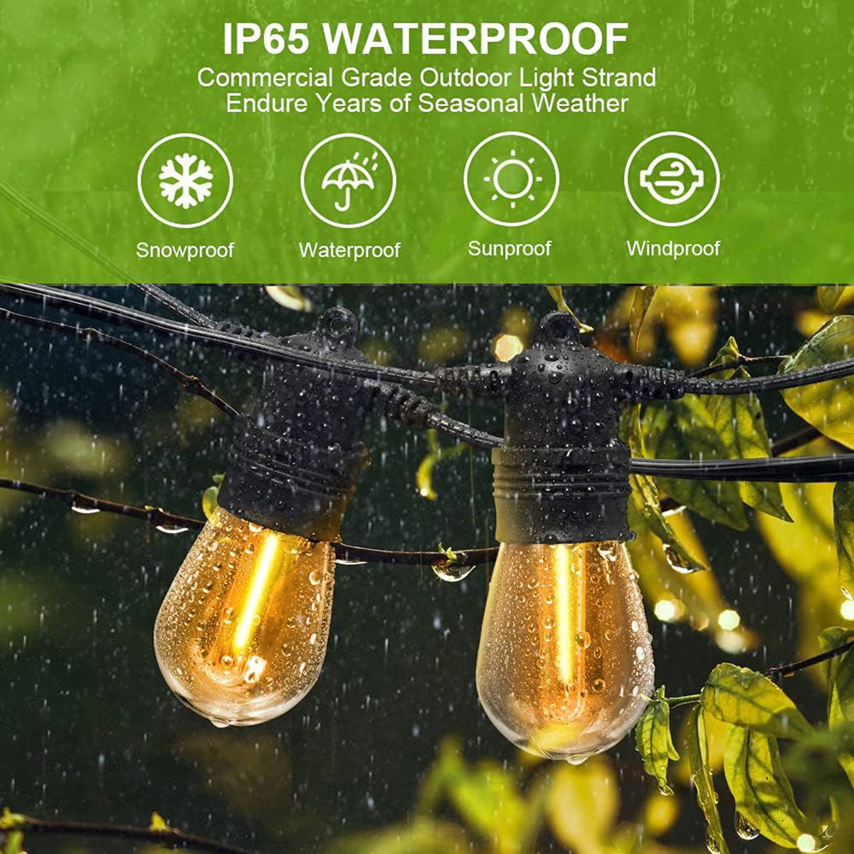 Luces de cadena para exteriores. Texto: IP65 Impermeable, a prueba de nieve, impermeable, a prueba de sol y viento.