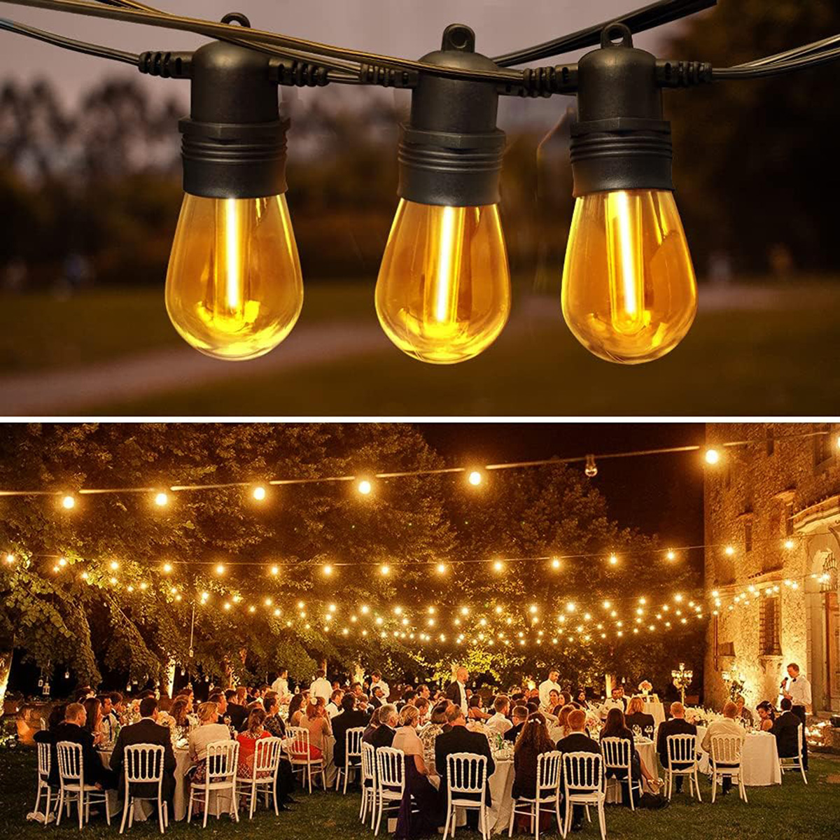 Luces de cadena con bombillas en forma de lágrima. Abajo, fiesta al aire libre con muchas luces de noche.